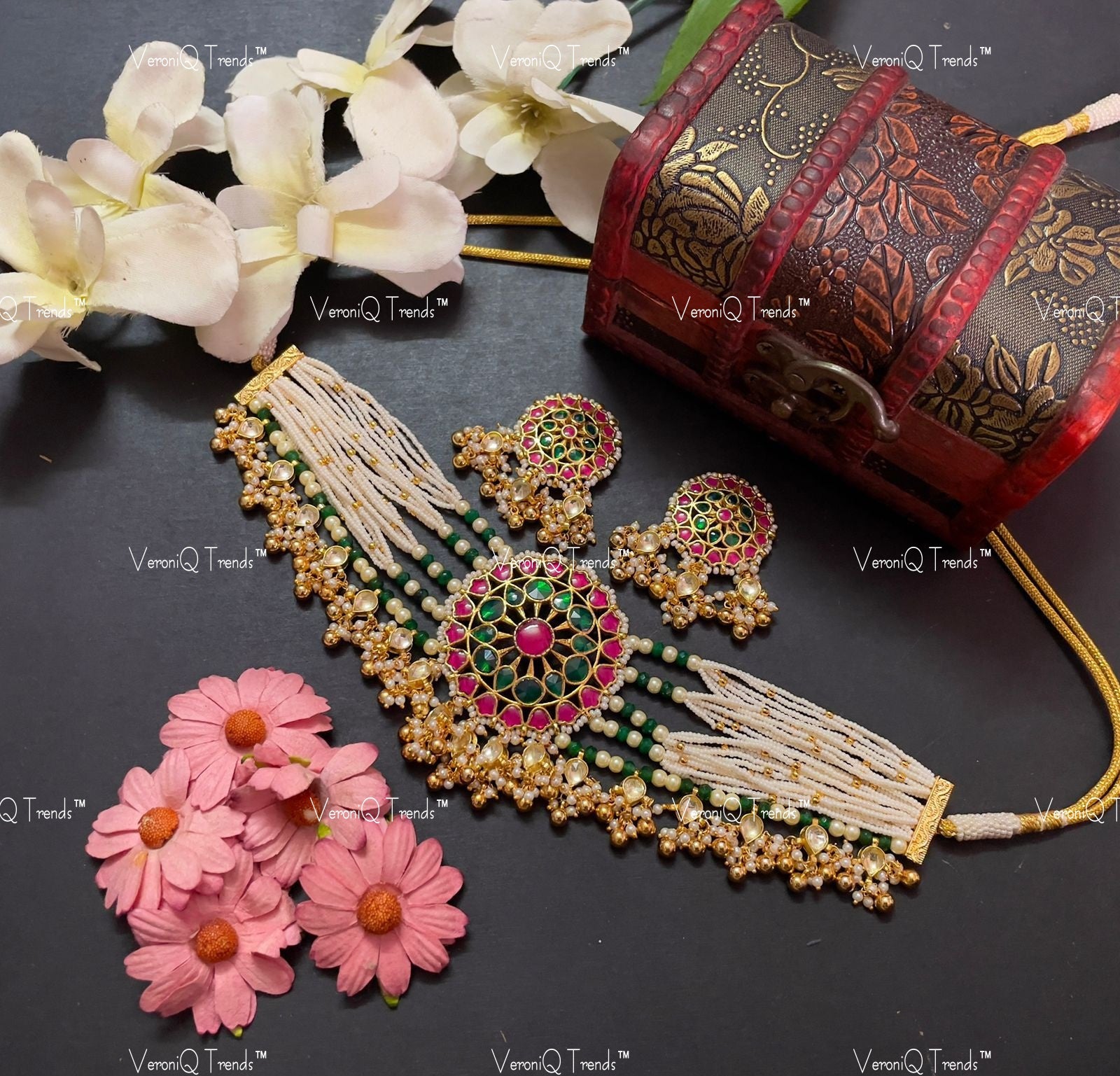 VeroniQ Trends-Multistrand Gold Plated Kemp Stone Pachi Kundan Choker Necklace Pachi Kundan-Gold Plated-Wedding Jewellery-Punjabi Jewellery-South Indian-Thappa Jewellery