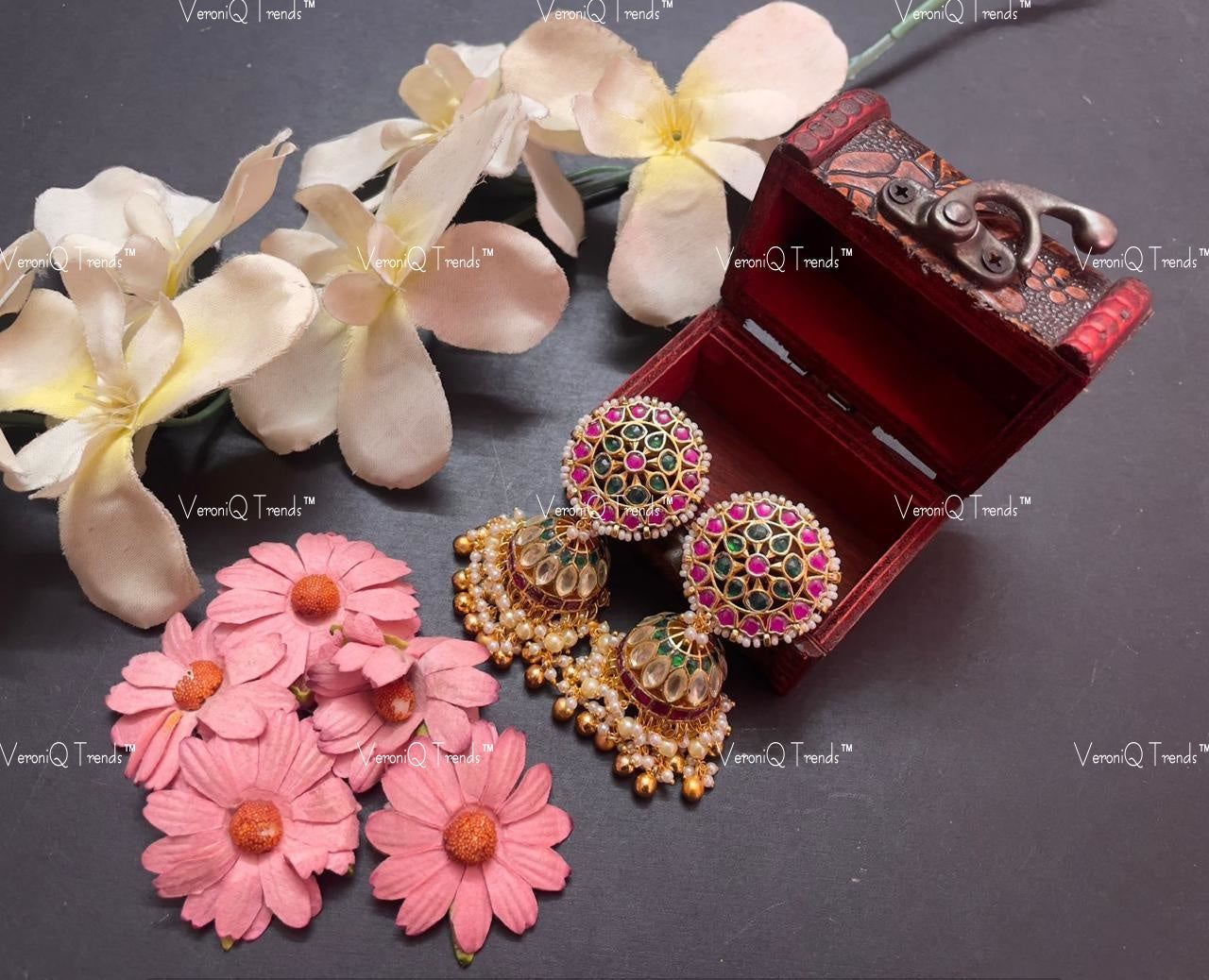 VeroniQ Trends-Kemp Stone Gold Plated Pachi Kundan Jhumki Earrings Pachi Kundan-Gold Plated-Wedding Jewellery-Punjabi Jewellery-South Indian-Thappa Jewellery
