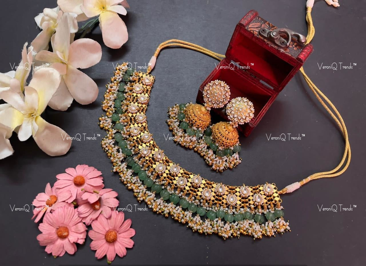 VeroniQ Trends-South Indian Mint Green Gold Plated Pachi Kundan Necklace Pachi Kundan-Gold Plated-Wedding Jewellery-Punjabi Jewellery-South Indian-Thappa Jewellery