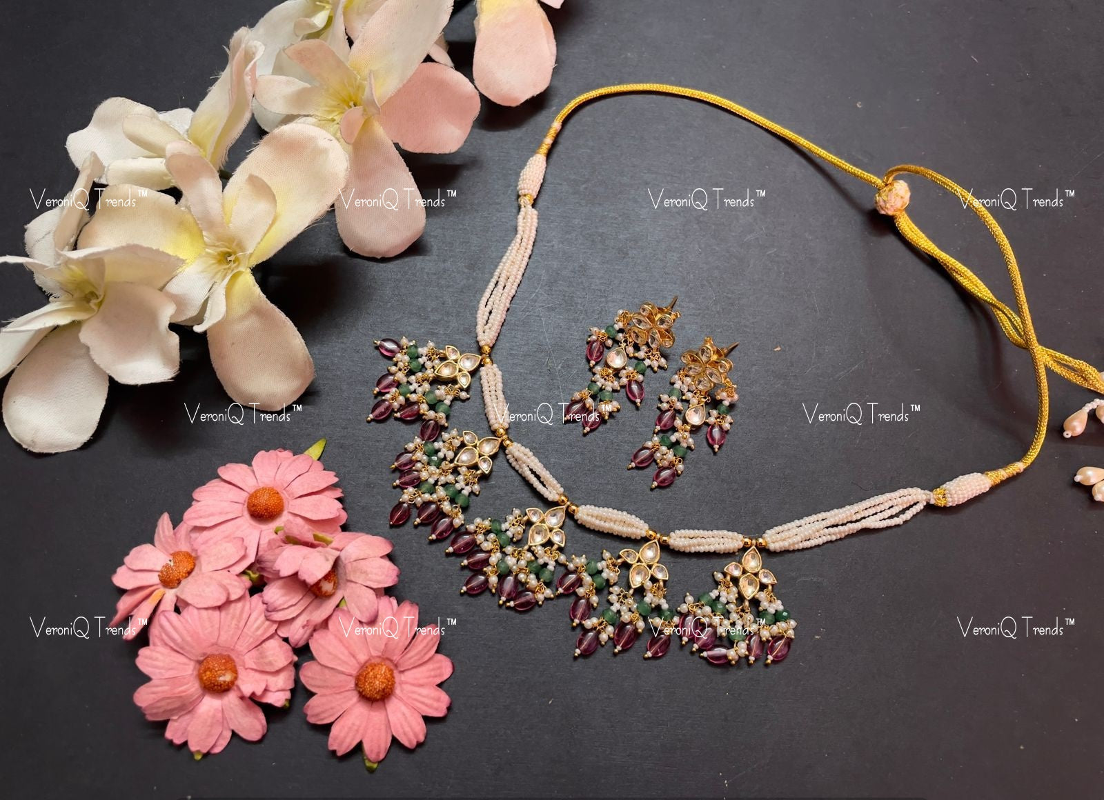 VeroniQ Trends-Multistrand Pearl Beaded Gold Plated Pachi Kundan Necklace Pachi Kundan-Gold Plated-Wedding Jewellery-Punjabi Jewellery-South Indian-Thappa Jewellery