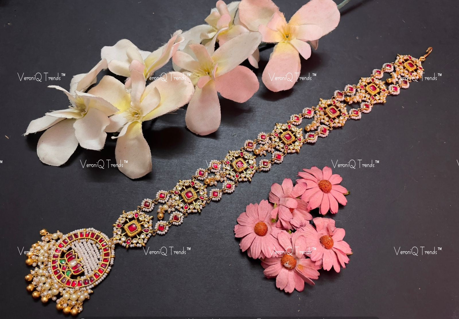 VeroniQ Trends-South Indian Gold Plated Pachi Kundan Kemp Stone Hair Braid Jewellery Pachi Kundan-Gold Plated-Wedding Jewellery-Punjabi Jewellery-South Indian-Thappa Jewellery