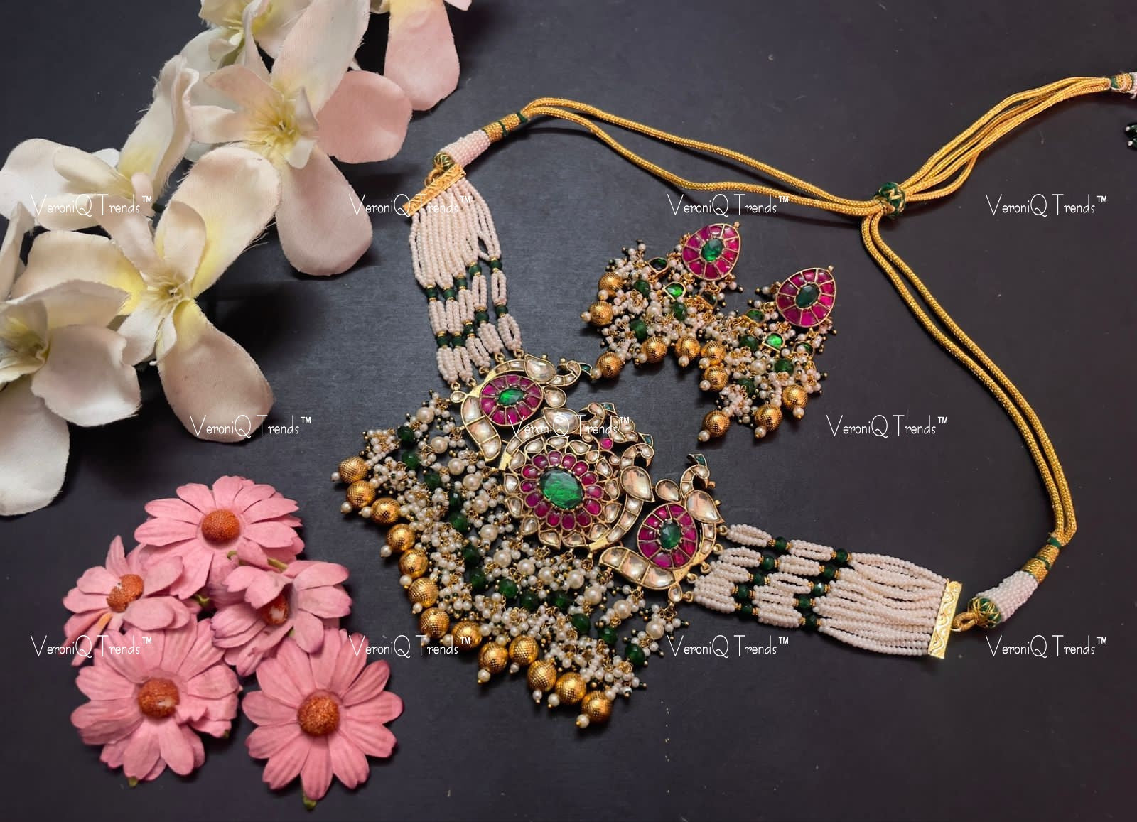 VeroniQ Trends-Multistrand Peacock Design Gold Plated Pachi Kundan Choker Necklace Pachi Kundan-Gold Plated-Wedding Jewellery-Punjabi Jewellery-South Indian-Thappa Jewellery