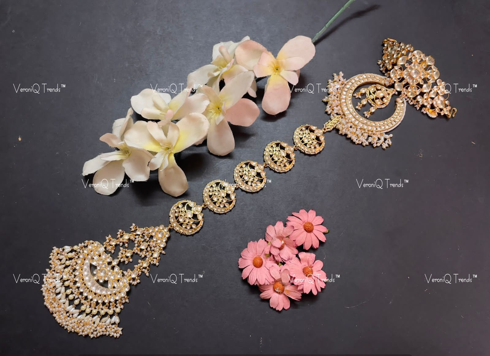 VeroniQ Trends-Traditional Gold Plated Kundan Jadau Pachi Kundan Hair Braid Jewellery Pachi Kundan-Gold Plated-Wedding Jewellery-Punjabi Jewellery-South Indian-Thappa Jewellery