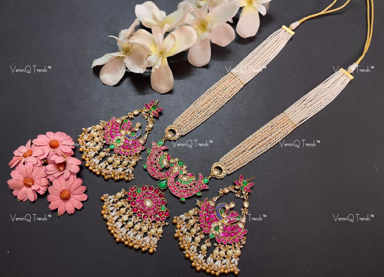 VeroniQ Trends-Multistrand Kemp Stone Gold Plated Pachi Kundan Rani Haar Necklace With Peacock Motif Pachi Kundan-Gold Plated-Wedding Jewellery-Punjabi Jewellery-South Indian-Thappa Jewellery
