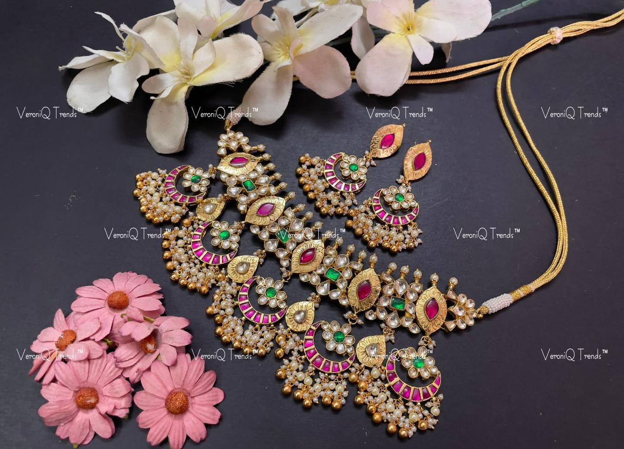 VeroniQ Trends-Rajwadi Style Kemp Stone Gold Plated Pachi Kundan Choker Necklace Pachi Kundan-Gold Plated-Wedding Jewellery-Punjabi Jewellery-South Indian-Thappa Jewellery