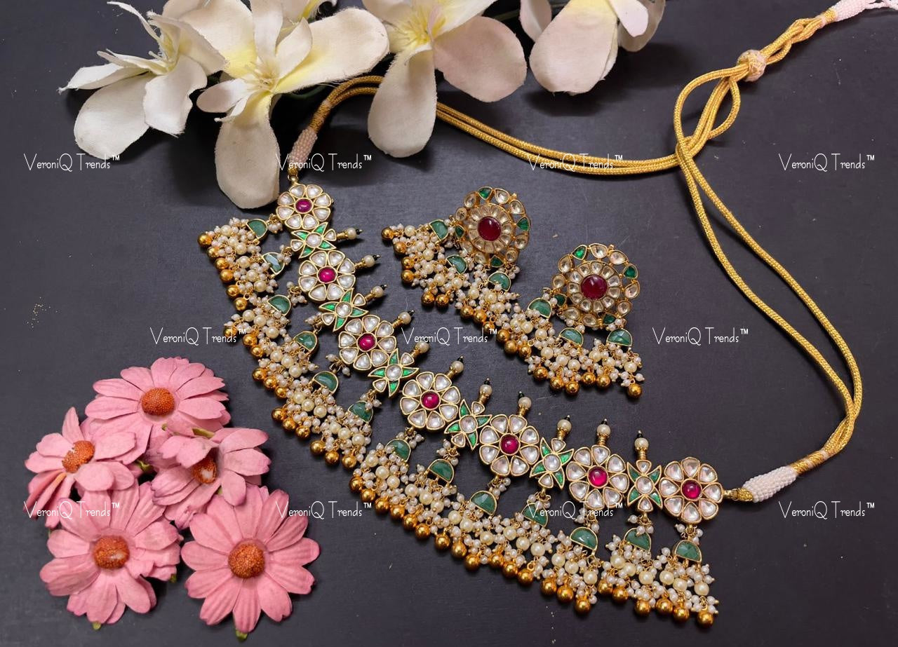 VeroniQ Trends-Rajwadi Floral Kemp Stone Gold Plated Pachi Kundan Choker Necklace Pachi Kundan-Gold Plated-Wedding Jewellery-Punjabi Jewellery-South Indian-Thappa Jewellery