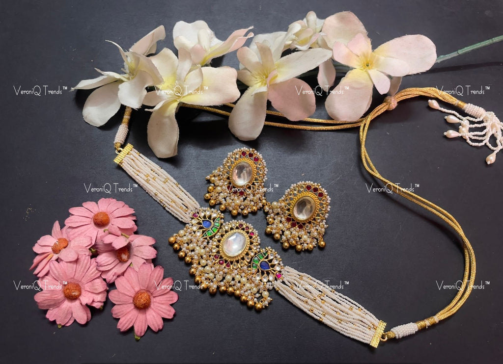 VeroniQ Trends-Traditional Kemp Stone Gold Plated Pachi Kundan Choker Necklace Pachi Kundan-Gold Plated-Wedding Jewellery-Punjabi Jewellery-South Indian-Thappa Jewellery