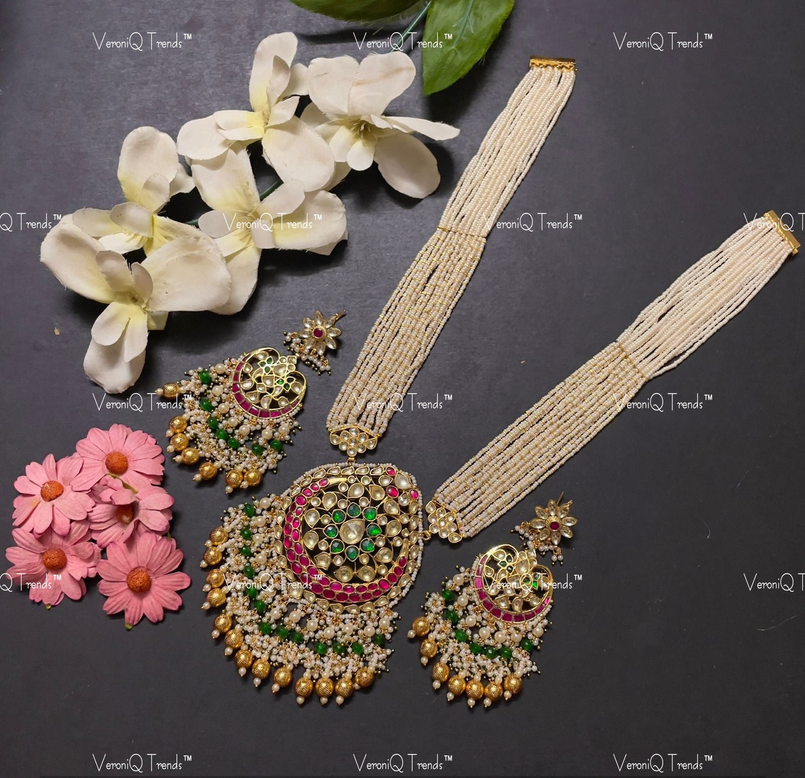VeroniQ Trends-Gold Plated Kemp Stone Pachi Kundan Long Rani Haar Necklace Pachi Kundan-Gold Plated-Wedding Jewellery-Punjabi Jewellery-South Indian-Thappa Jewellery