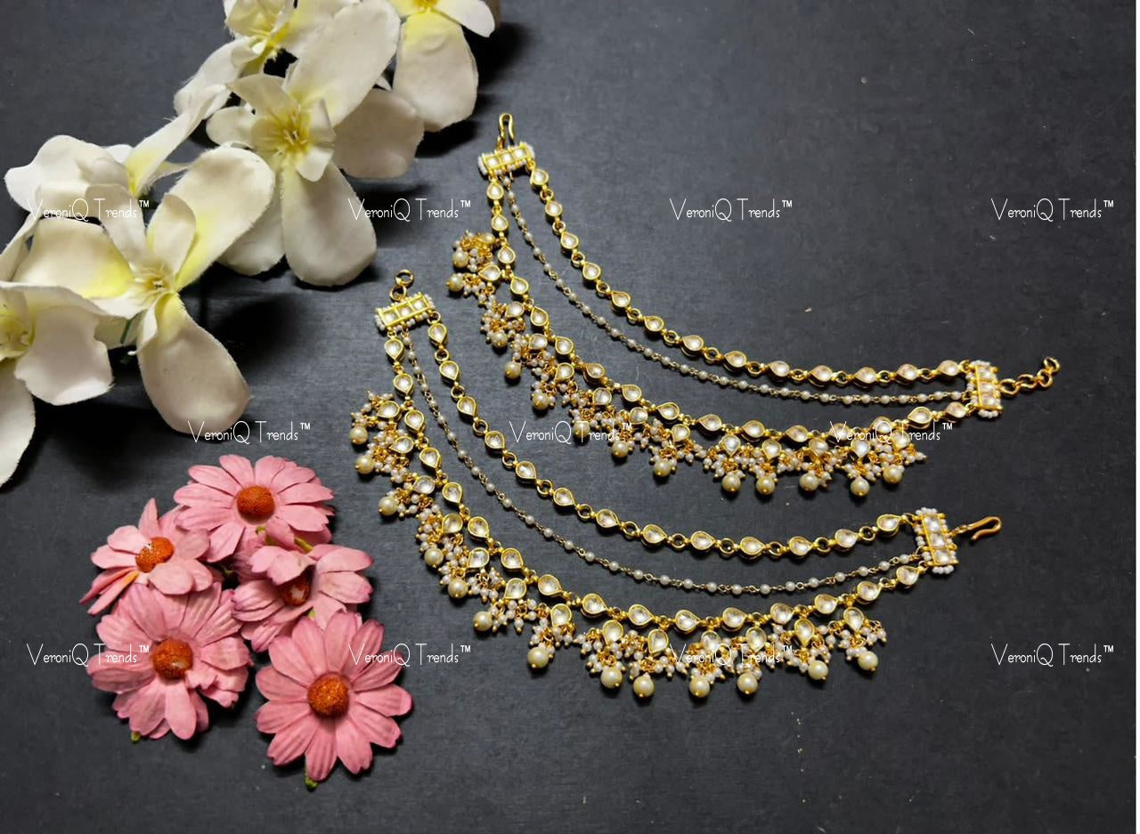 VeroniQ Trends-Royal Kundan Jadau Gold Plated Pachi Kundan Earchain Pachi Kundan-Gold Plated-Wedding Jewellery-Punjabi Jewellery-South Indian-Thappa Jewellery