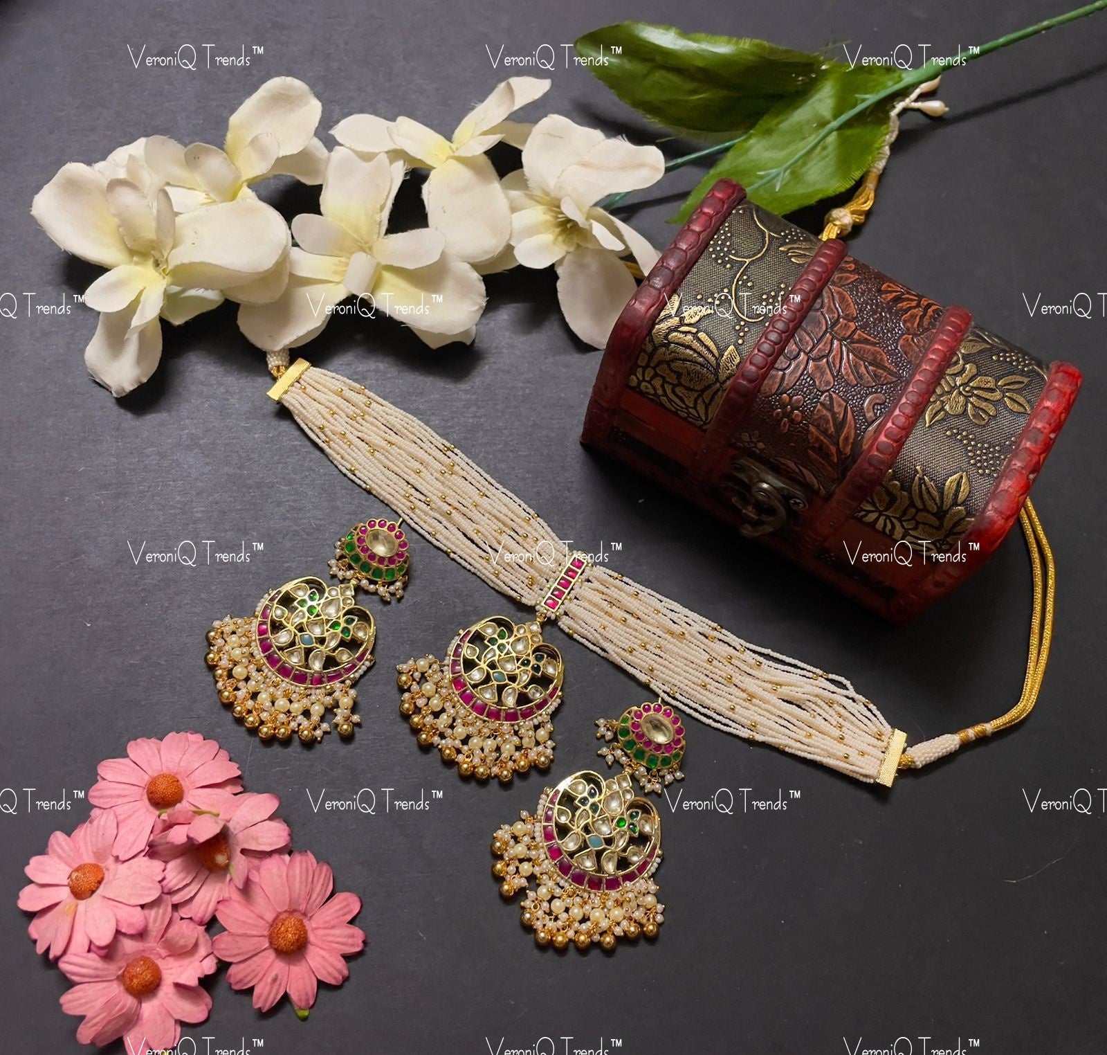 VeroniQ Trends-Multistrand Beaded Gold Plated Kemp Stone Pachi Kundan Chandbali Choker Necklace Pachi Kundan-Gold Plated-Wedding Jewellery-Punjabi Jewellery-South Indian-Thappa Jewellery