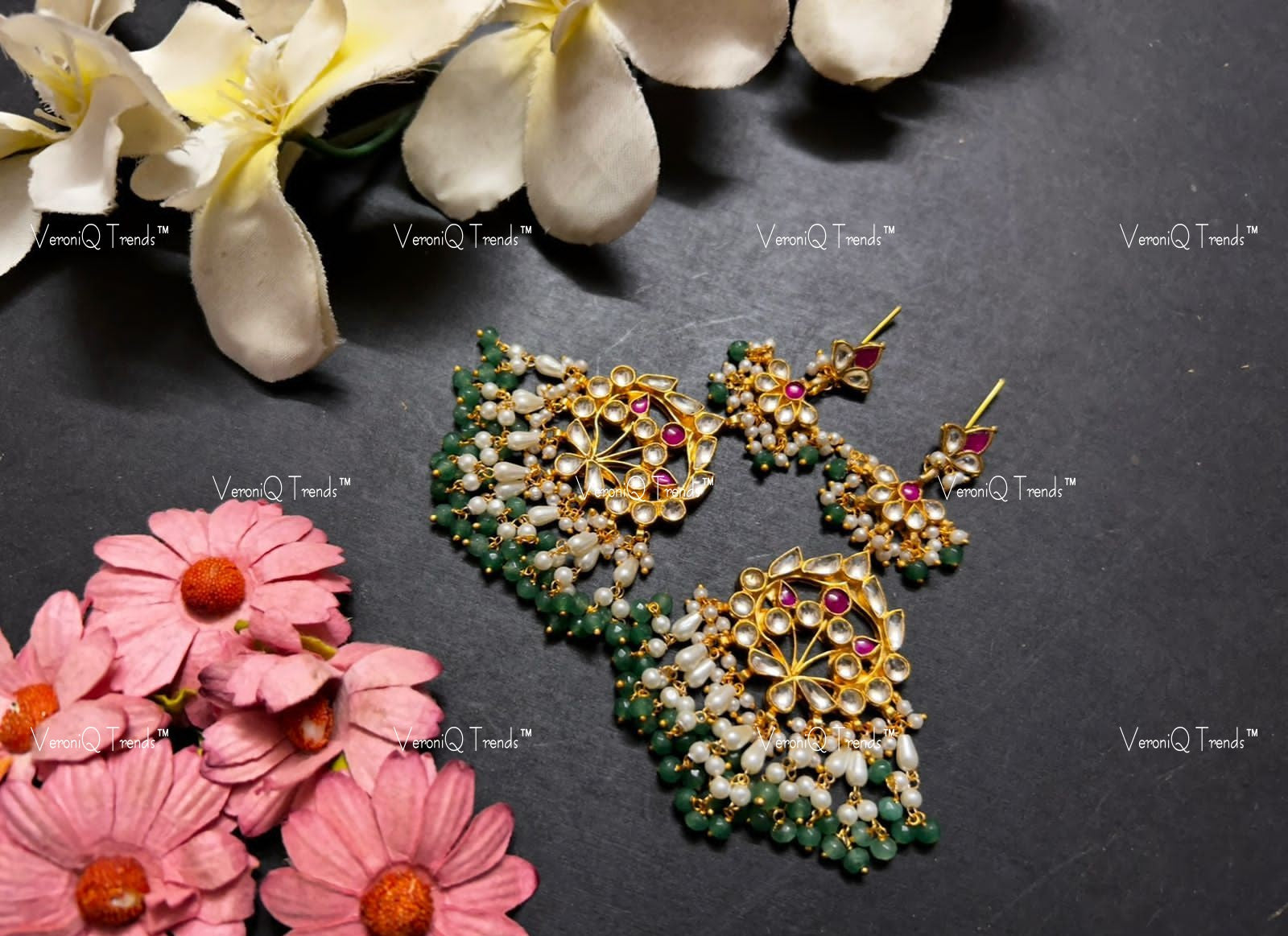 VeroniQ Trends-Gold Plated Pachi Kundan Kemp Stone And Green Beads Earrings Pachi Kundan-Gold Plated-Wedding Jewellery-Punjabi Jewellery-South Indian-Thappa Jewellery