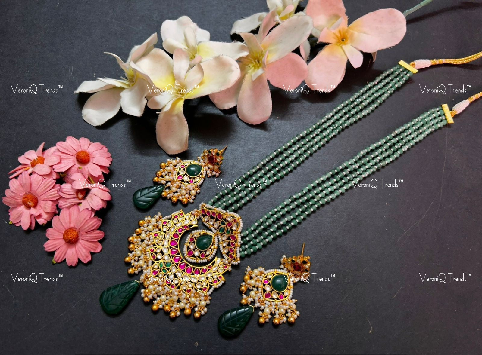 VeroniQ Trends-Multistrand Green Beaded Kemp Stone Gold Plated Pachi Kundan Long Necklace Pachi Kundan-Gold Plated-Wedding Jewellery-Punjabi Jewellery-South Indian-Thappa Jewellery