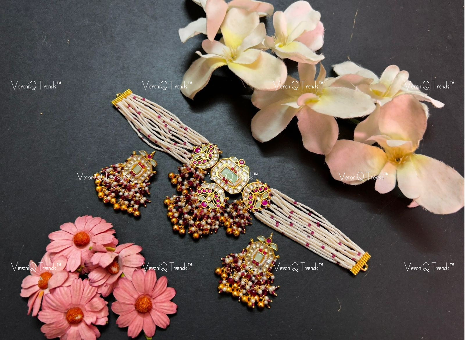 VeroniQ Trends-Multistrand Mint Green And Kemp Stone Gold Plated Pachi Kundan Choker Necklace Pachi Kundan-Gold Plated-Wedding Jewellery-Punjabi Jewellery-South Indian-Thappa Jewellery