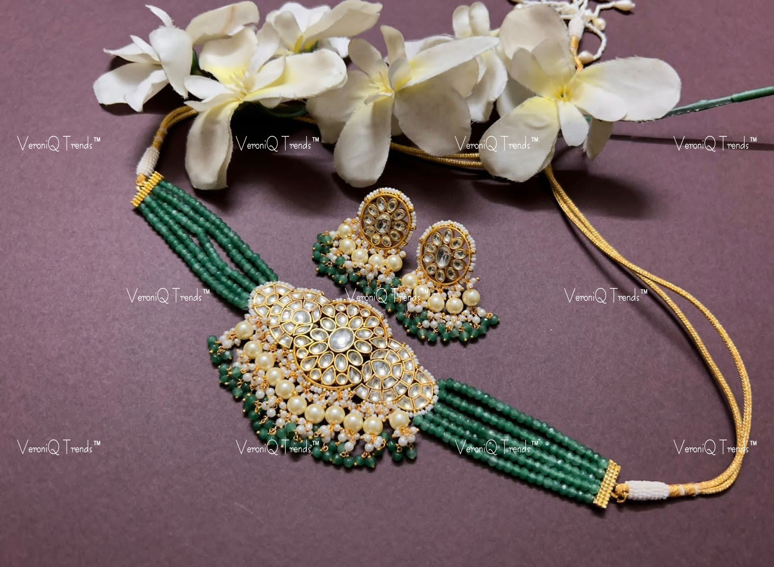 VeroniQ Trends-Multistrand Green Beaded Kundan Jadau Gold Plated Pachi Kundan Choker Necklace Pachi Kundan-Gold Plated-Wedding Jewellery-Punjabi Jewellery-South Indian-Thappa Jewellery
