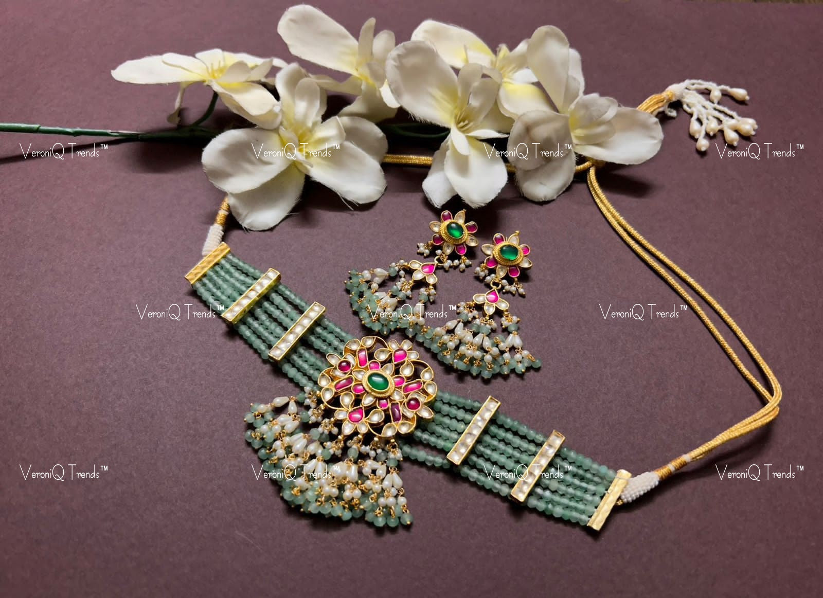 VeroniQ Trends-Elegant Multistrand Green Beaded Kemp Stone Gold Plated Pachi Kundan Choker Necklace Pachi Kundan-Gold Plated-Wedding Jewellery-Punjabi Jewellery-South Indian-Thappa Jewellery