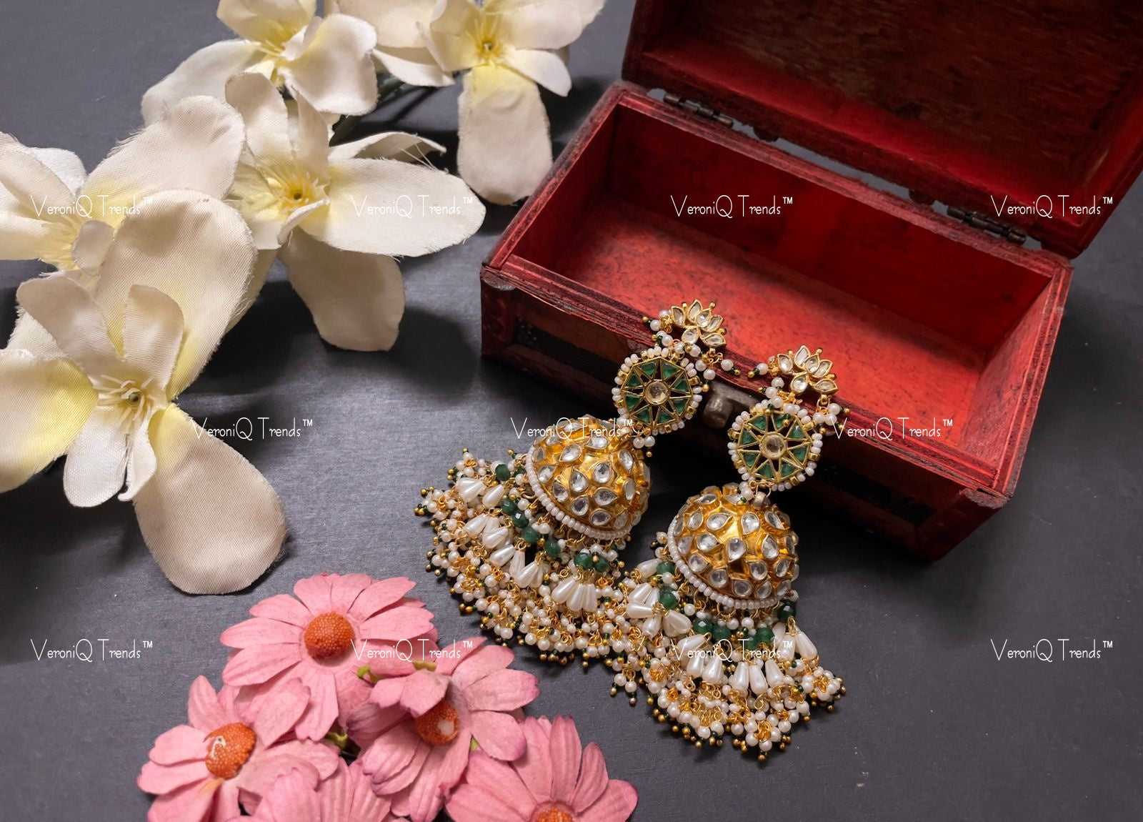 VeroniQ Trends-Traditional Gold Plated Pachi Kundan Kundan Jadau With Green Beads Jhumki Earrings Pachi Kundan-Gold Plated-Wedding Jewellery-Punjabi Jewellery-South Indian-Thappa Jewellery