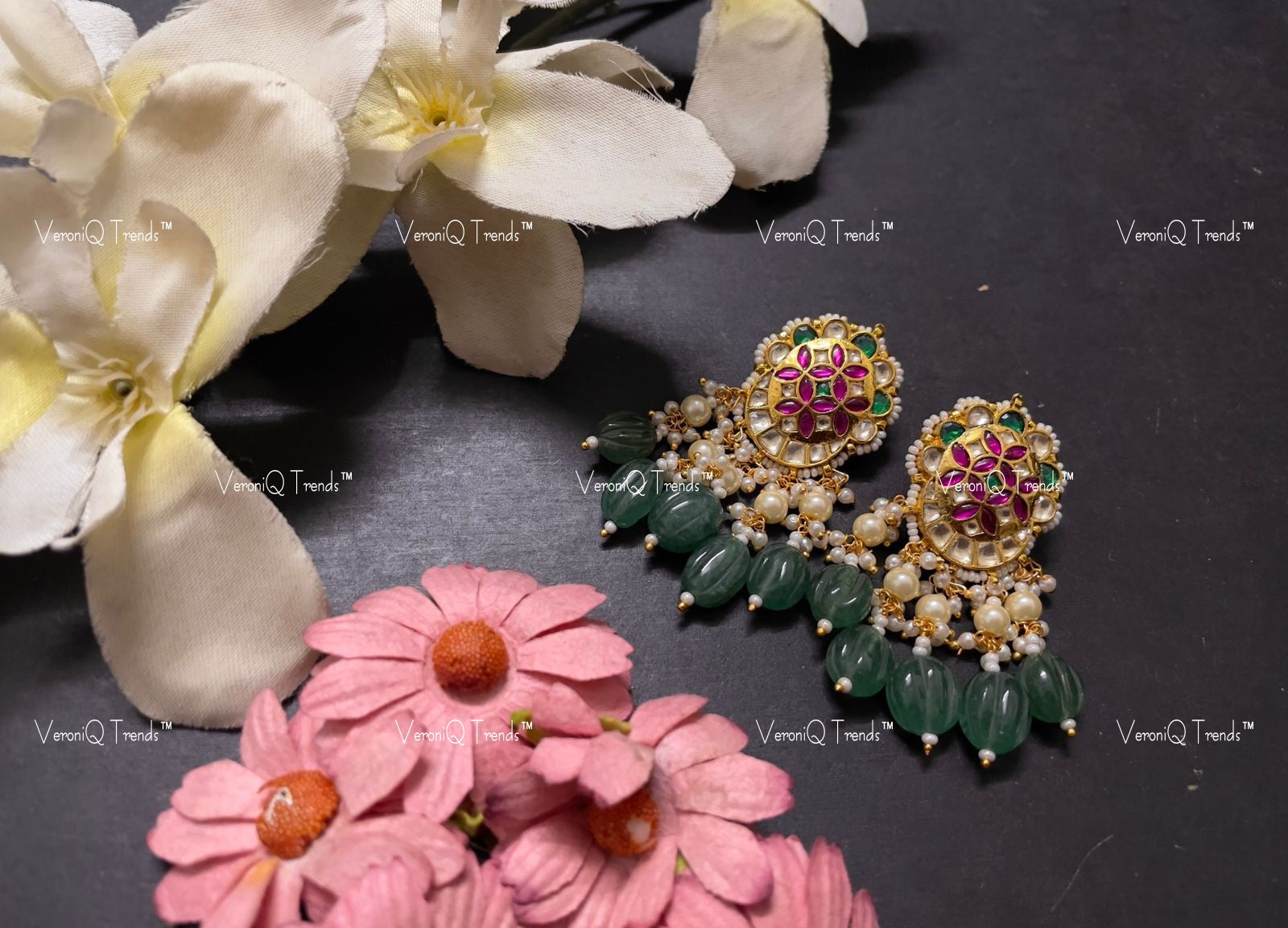 VeroniQ Trends-Traditional Gold Plated Pachi Kundan Kemp Stone With Green Beads Chandbali Earrings Pachi Kundan-Gold Plated-Wedding Jewellery-Punjabi Jewellery-South Indian-Thappa Jewellery