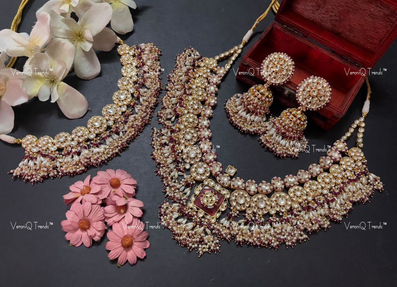 VeroniQ Trends-Bridal Red Craved Stone Kundan Jadau Gold Plated Pachi Kundan Choker And Long Necklace Pachi Kundan-Gold Plated-Wedding Jewellery-Punjabi Jewellery-South Indian-Thappa Jewellery