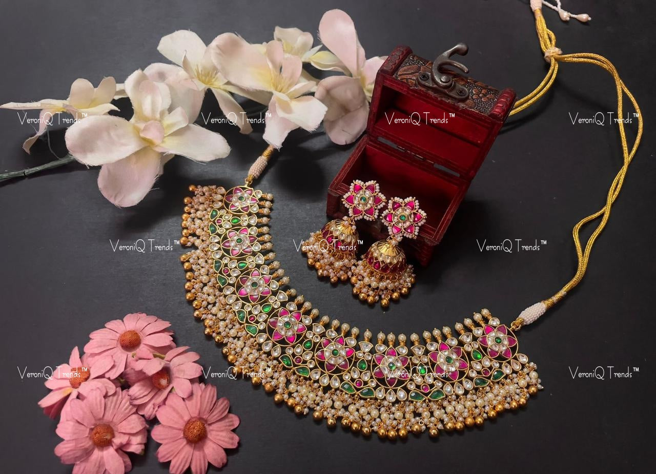 VeroniQ Trends-South Indian Kemp Stone Gold Plated Pachi Kundan Necklace Pachi Kundan-Gold Plated-Wedding Jewellery-Punjabi Jewellery-South Indian-Thappa Jewellery