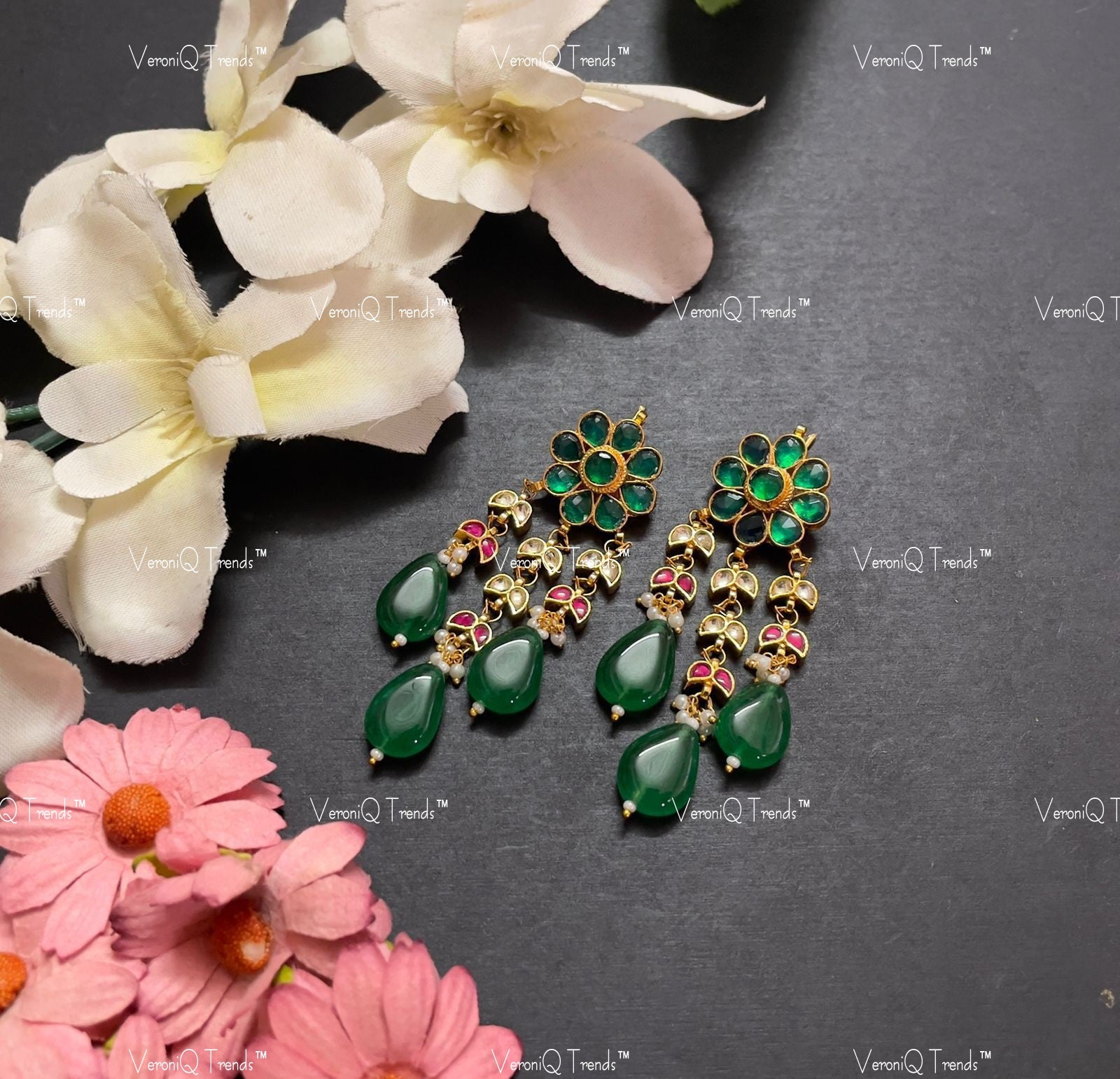 VeroniQ Trends-Kemp Stone Gold Plated Pachi Kundan with Green Drop Earrings Pachi Kundan-Gold Plated-Wedding Jewellery-Punjabi Jewellery-South Indian-Thappa Jewellery