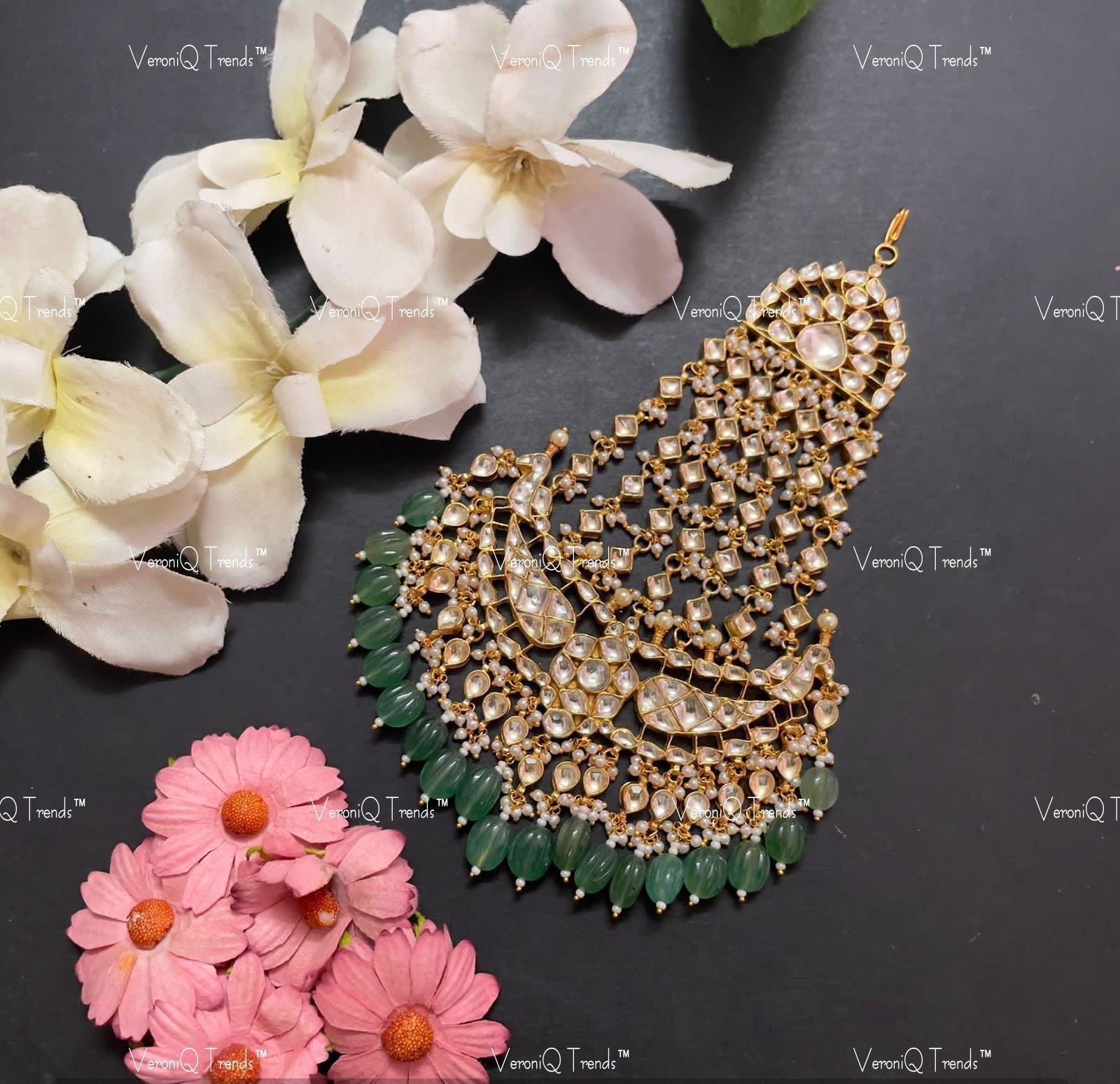 VeroniQ Trends-Traditional Kundan Jadau Gold Plated Pachi Kundan Passa with Green Drop Pachi Kundan-Gold Plated-Wedding Jewellery-Punjabi Jewellery-South Indian-Thappa Jewellery