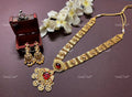 VeroniQ Trends-Red Carved Stone And Kemp Stone Gold Plated Pachi Kundan Long Necklace Pachi Kundan-Gold Plated-Wedding Jewellery-Punjabi Jewellery-South Indian-Thappa Jewellery