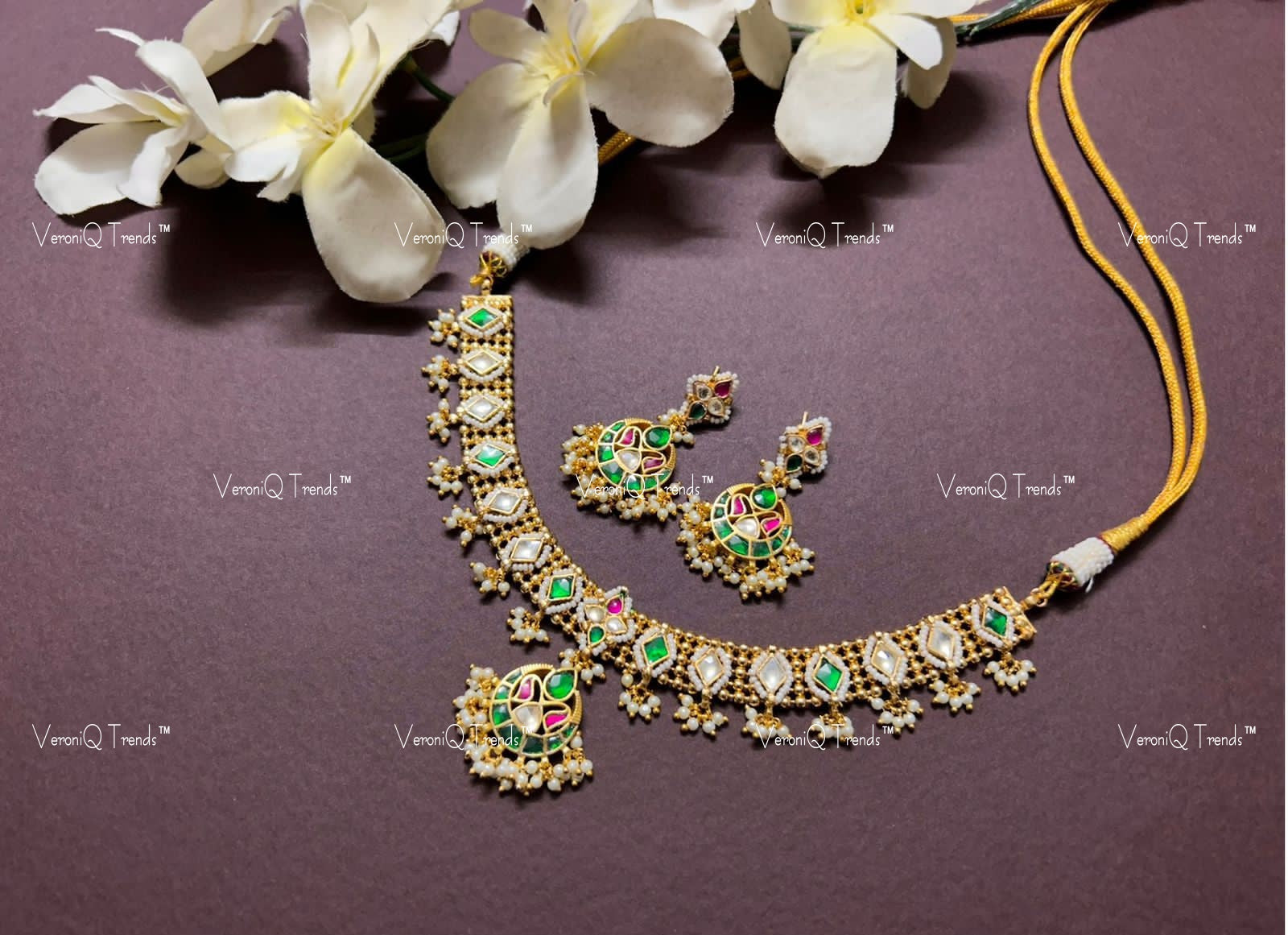 VeroniQ Trends-Gold Plated Kemp Stone Pachi Kundan Choker Necklace With Chandbali Pendant Pachi Kundan-Gold Plated-Wedding Jewellery-Punjabi Jewellery-South Indian-Thappa Jewellery