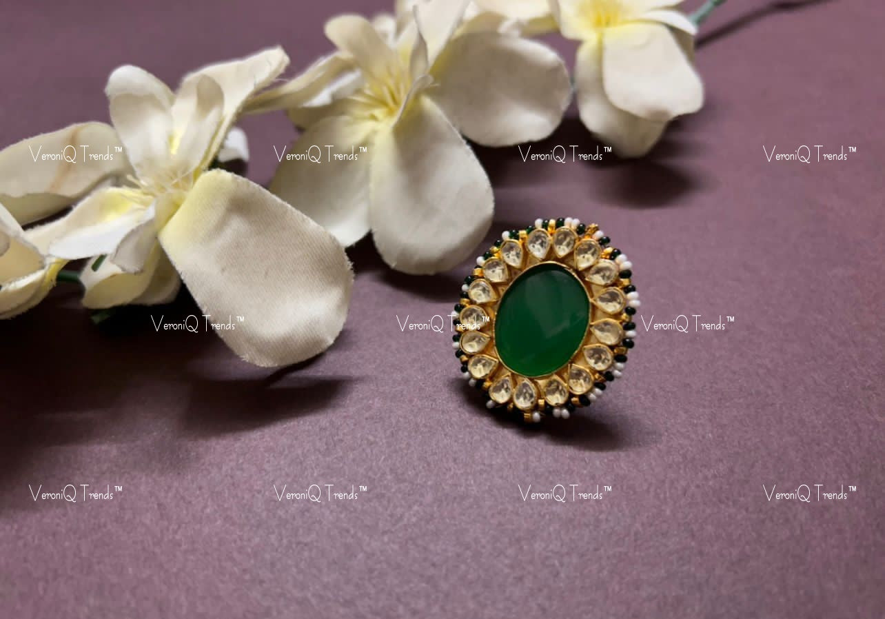 VeroniQ Trends-Green Carved Stone Gold Plated Pachi Kundan Ring Pachi Kundan-Gold Plated-Wedding Jewellery-Punjabi Jewellery-South Indian-Thappa Jewellery