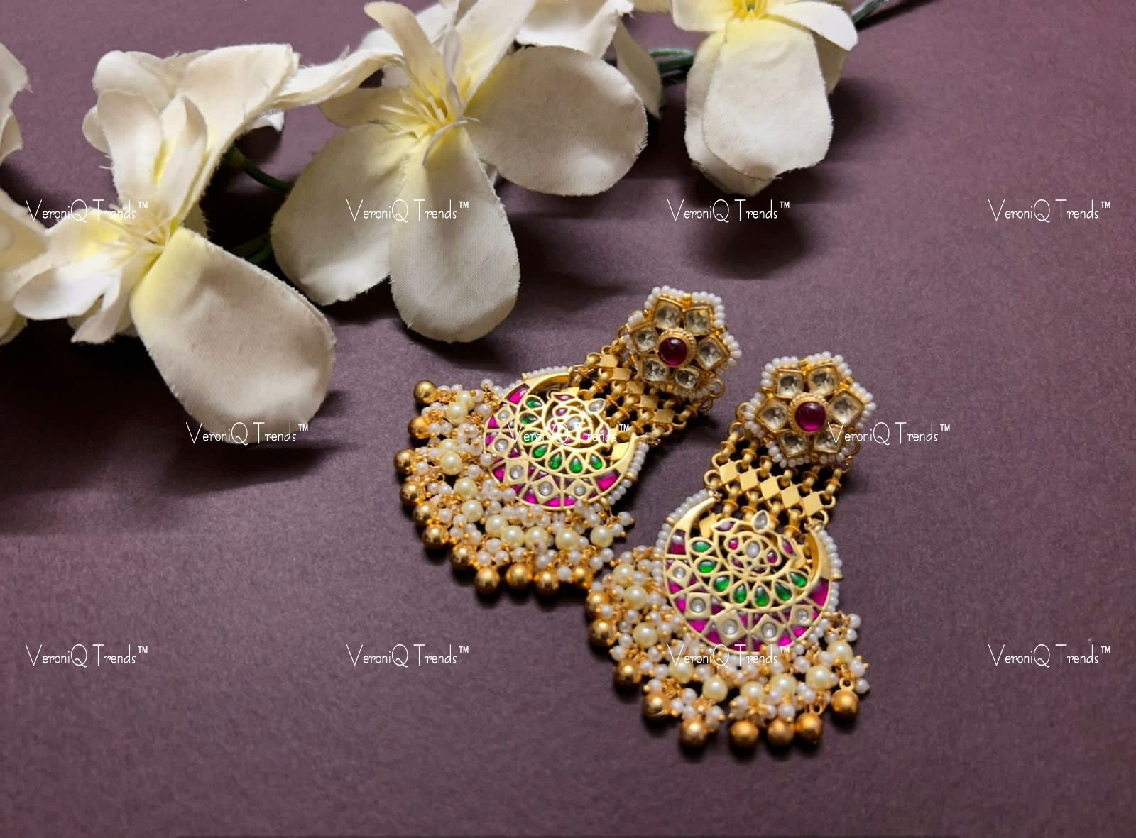 VeroniQ Trends-Royal Kemp Stone Gold Plated Pachi Kundan Chandbali Earrings Pachi Kundan-Gold Plated-Wedding Jewellery-Punjabi Jewellery-South Indian-Thappa Jewellery