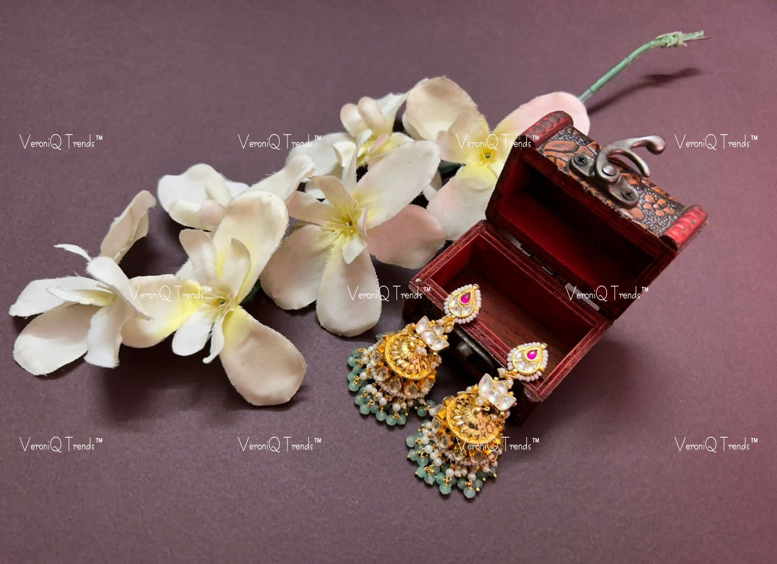 VeroniQ Trends-Gold Plated Pachi Kundan Kemp Stone And Green Beads Jhumki Earrings Pachi Kundan-Gold Plated-Wedding Jewellery-Punjabi Jewellery-South Indian-Thappa Jewellery