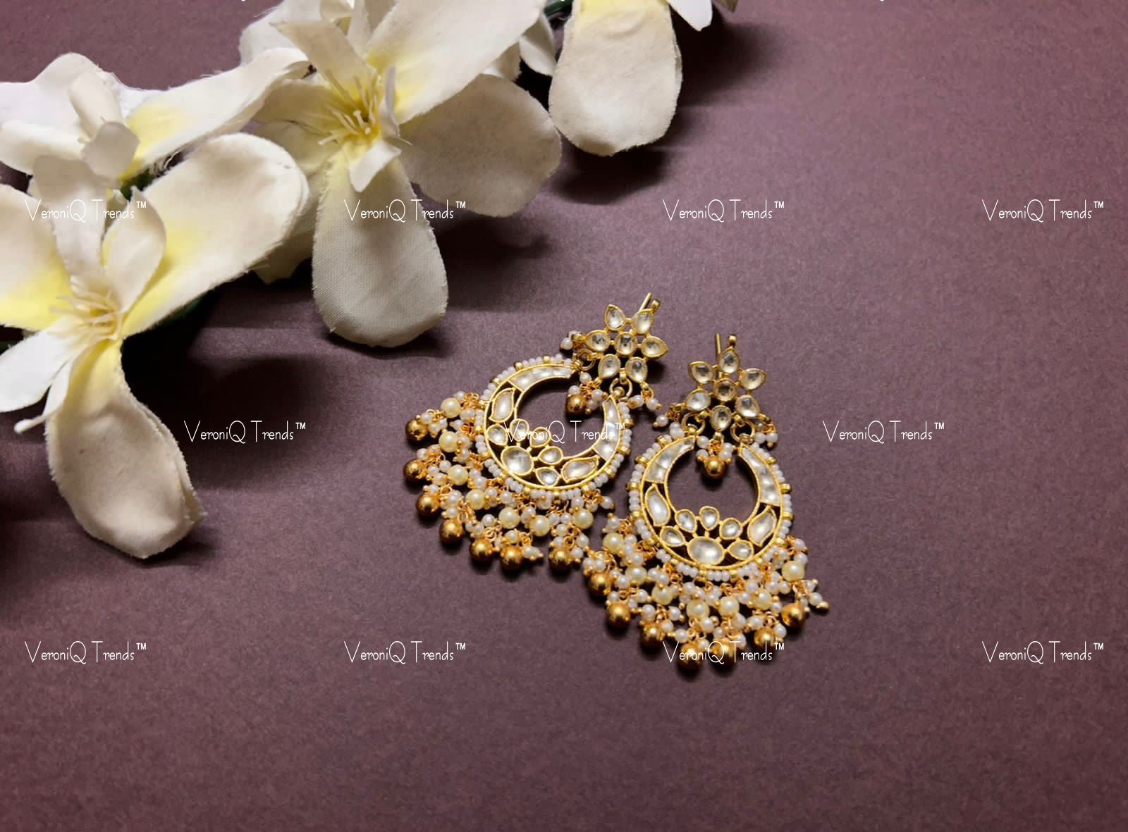 VeroniQ Trends-Gold Plated Pachi Kundan Chandbali Earrings Pachi Kundan-Gold Plated-Wedding Jewellery-Punjabi Jewellery-South Indian-Thappa Jewellery