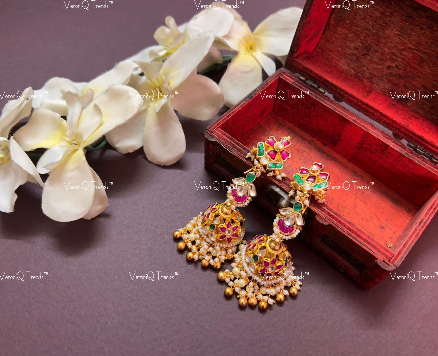 VeroniQ Trends-Gold Plated Pachi Kundan Kemp Stone Jhumki Earrings Pachi Kundan-Gold Plated-Wedding Jewellery-Punjabi Jewellery-South Indian-Thappa Jewellery