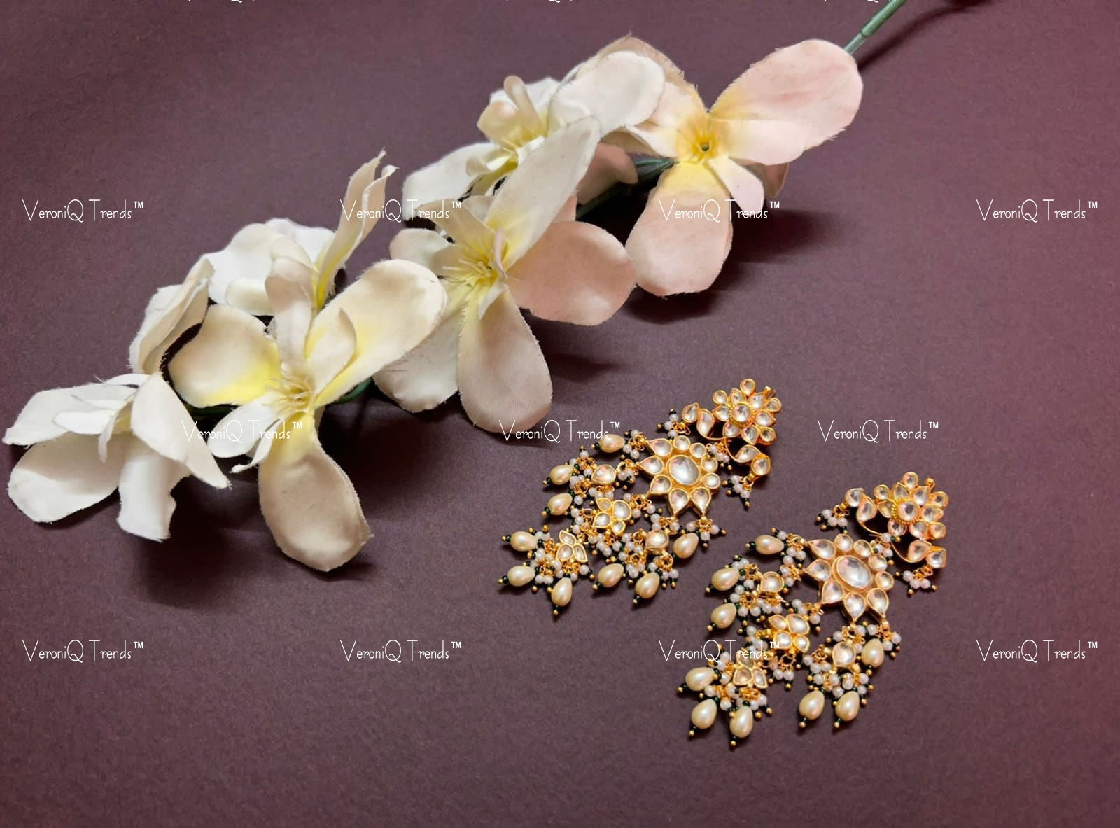 VeroniQ Trends-Kundan Jadau Pearl Gold Plated Pachi Kundan Earrings Pachi Kundan-Gold Plated-Wedding Jewellery-Punjabi Jewellery-South Indian-Thappa Jewellery
