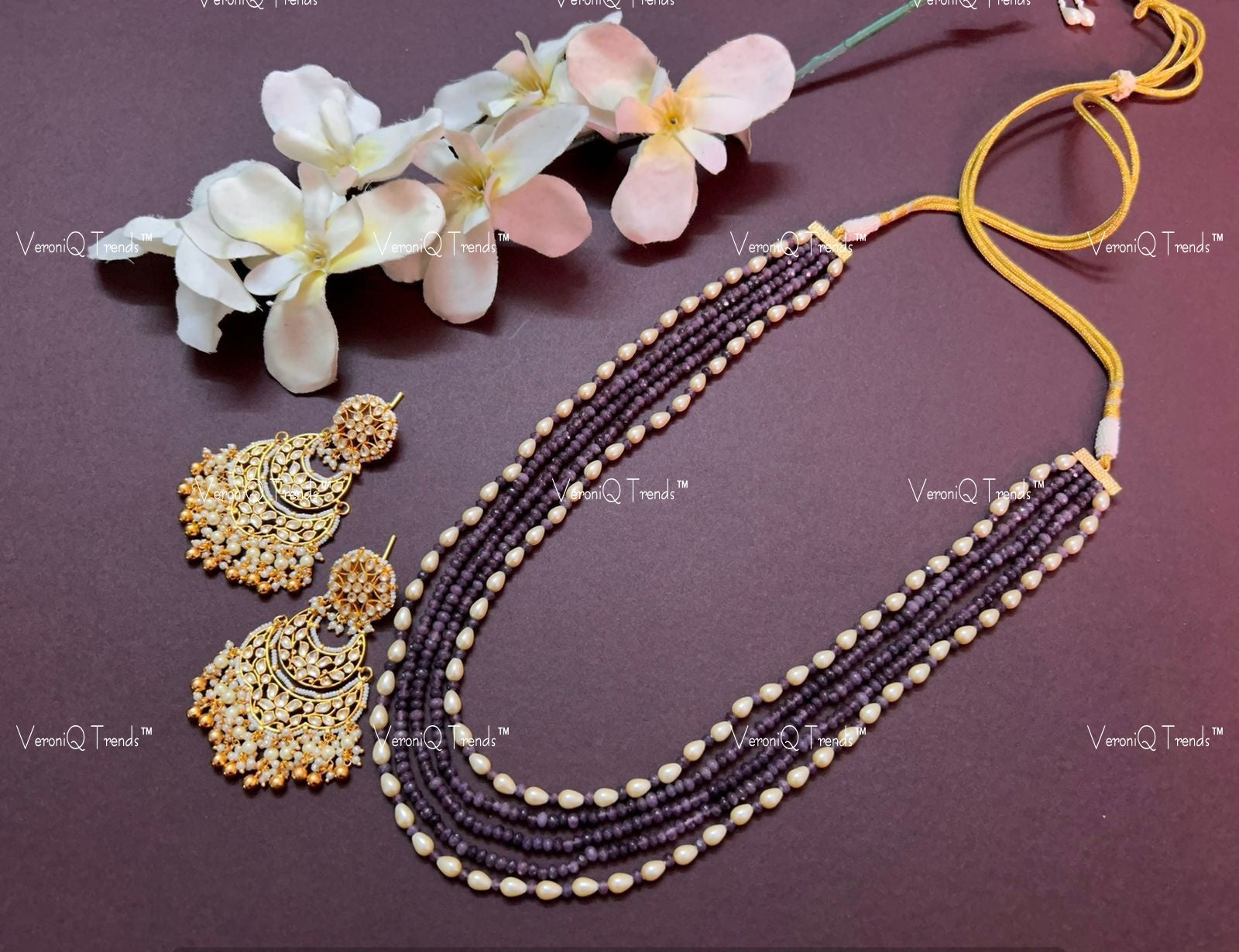 VeroniQ Trends-Amethyst And Pearl Beaded Gold Plated Pachi Kundan Multistrand Long Necklace Pachi Kundan-Gold Plated-Wedding Jewellery-Punjabi Jewellery-South Indian-Thappa Jewellery