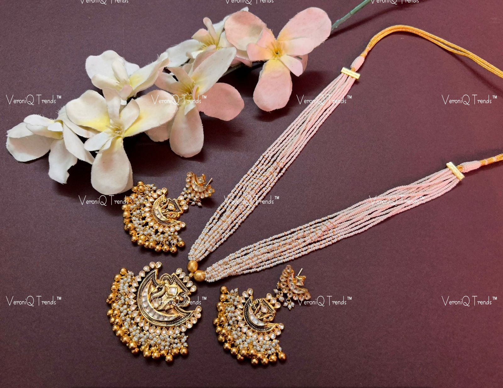 VeroniQ Trends-Gold Plated Multistrand Pachi Kundan Long Necklace With Peacock Motif Pachi Kundan-Gold Plated-Wedding Jewellery-Punjabi Jewellery-South Indian-Thappa Jewellery