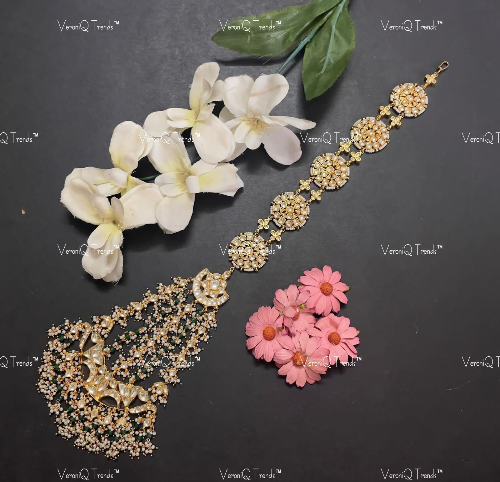 VeroniQ Trends-Mughal Style Green Gold Plated Kundan Jadau Pachi Kundan Hair Braid Jewellery Pachi Kundan-Gold Plated-Wedding Jewellery-Punjabi Jewellery-South Indian-Thappa Jewellery