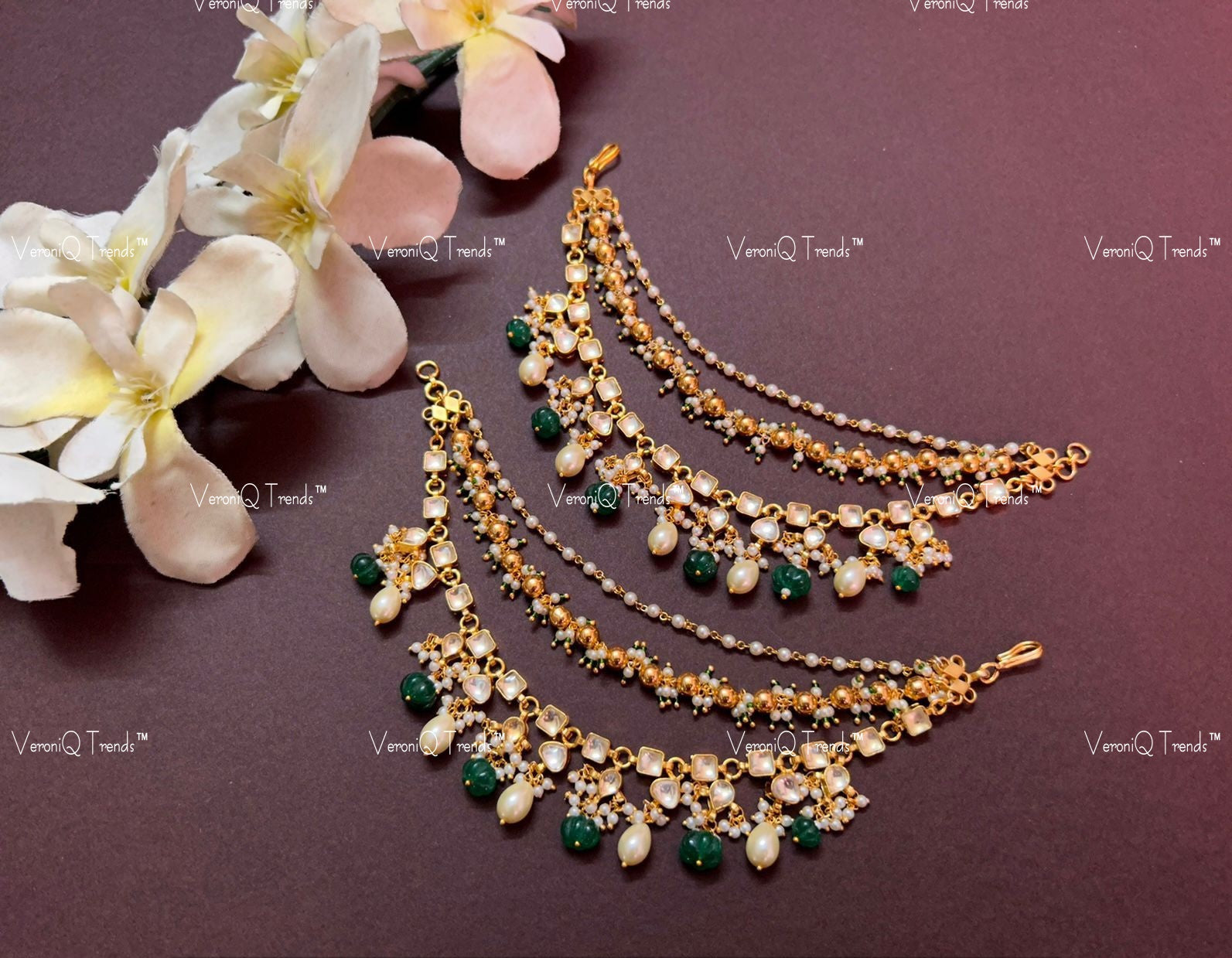 VeroniQ Trends-Gold Plated Pachi Kundan Pearl And Green Beads Earchain Pachi Kundan-Gold Plated-Wedding Jewellery-Punjabi Jewellery-South Indian-Thappa Jewellery