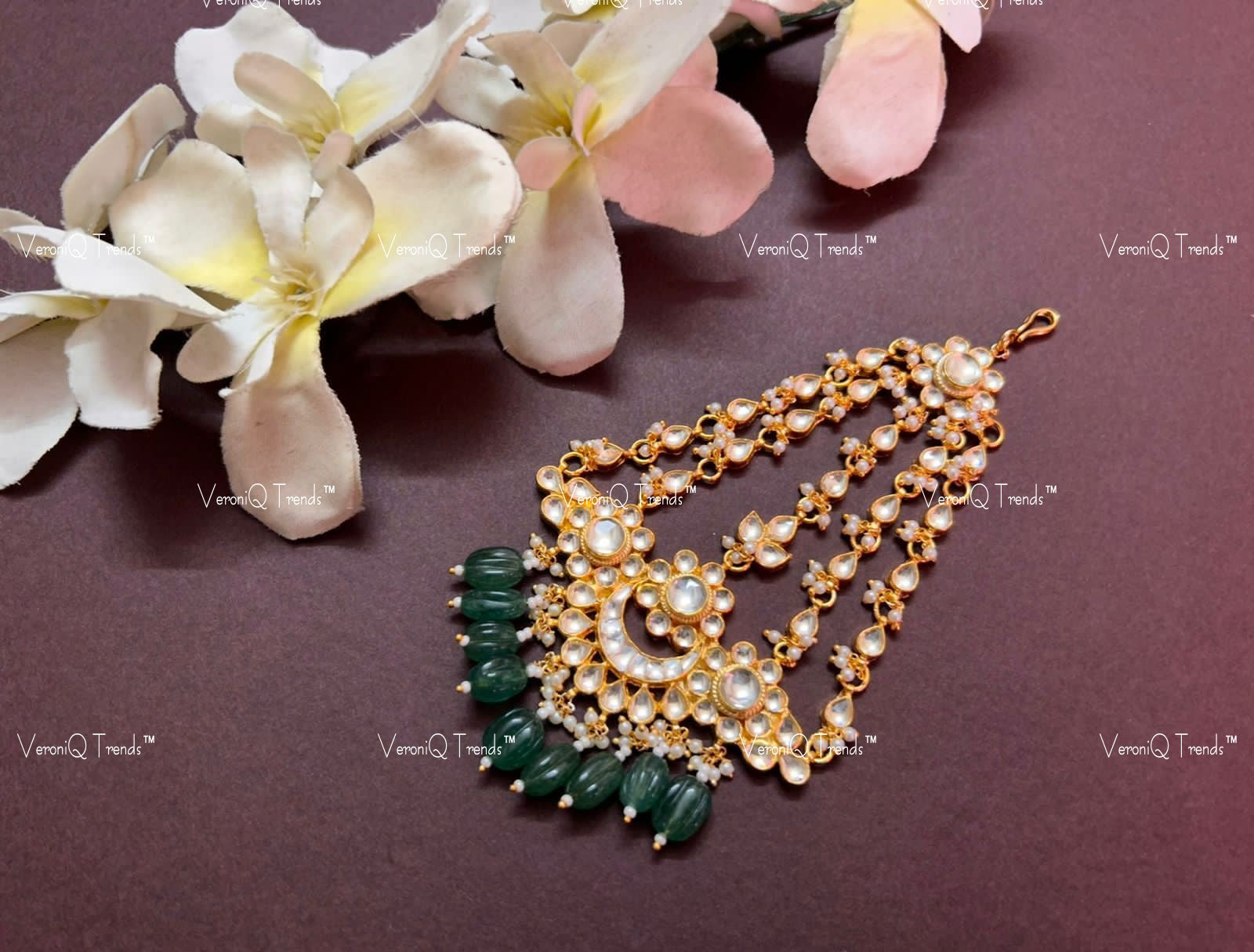 VeroniQ Trends-Green Beads Kundan Jadau Gold Plated Pachi Kundan Passa Pachi Kundan-Gold Plated-Wedding Jewellery-Punjabi Jewellery-South Indian-Thappa Jewellery