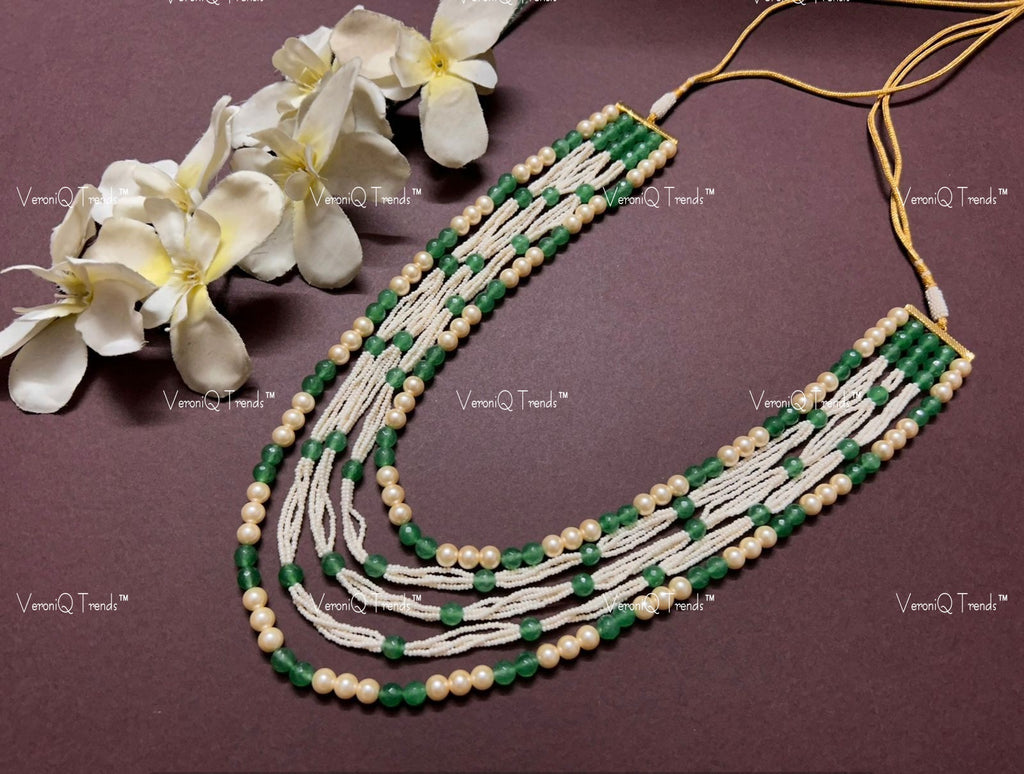 VeroniQ Trends-Multistrand Pearl Beaded Gold Plated Pachi Kundan Long Necklace Pachi Kundan-Gold Plated-Wedding Jewellery-Punjabi Jewellery-South Indian-Thappa Jewellery