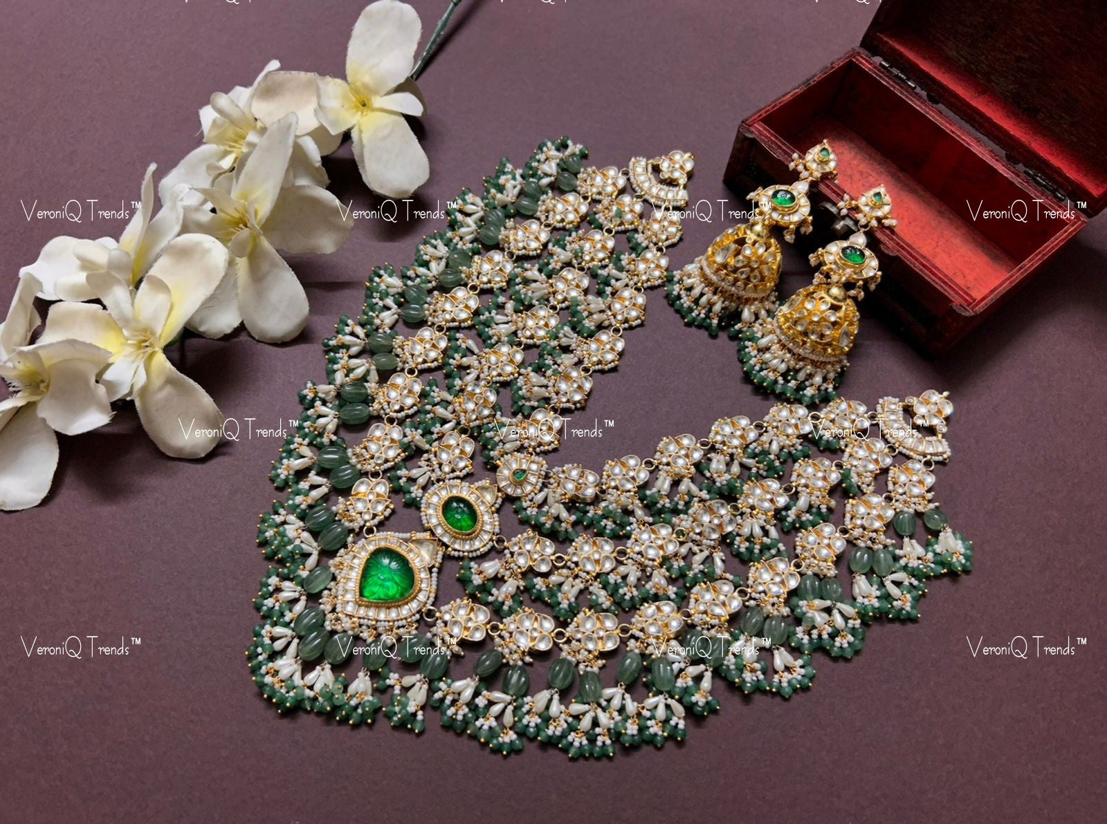 VeroniQ Trends-Bridal Multi-Line Kundan Jadau Green Beaded Gold Plated Pachi Kundan Long Necklace Pachi Kundan-Gold Plated-Wedding Jewellery-Punjabi Jewellery-South Indian-Thappa Jewellery