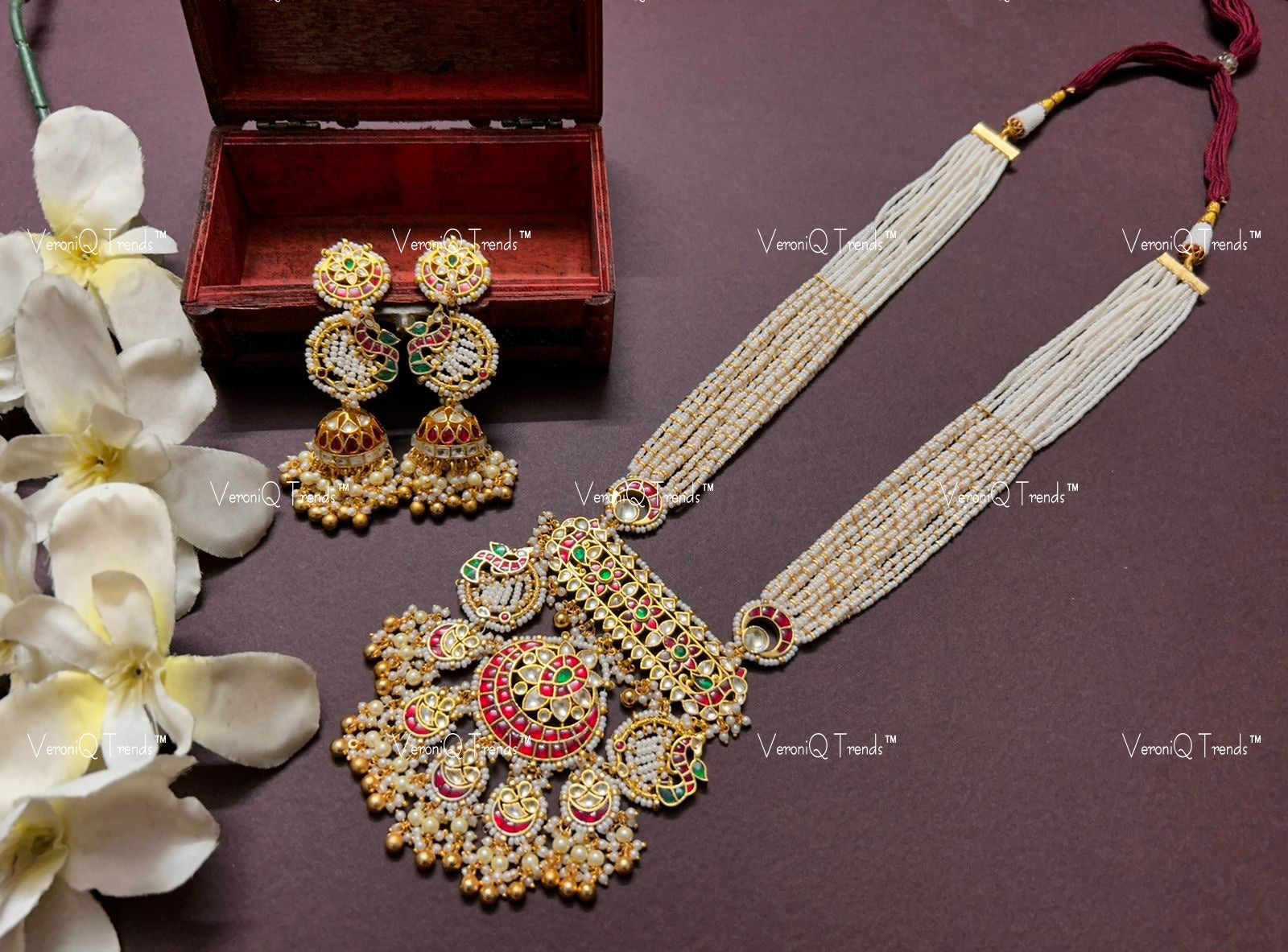 VeroniQ Trends-Traditional Peacock Design Kemp Stone Multistrand Kundan Jadau Gold Plated Pachi Kundan Long Necklace Pachi Kundan-Gold Plated-Wedding Jewellery-Punjabi Jewellery-South Indian-Thappa Jewellery
