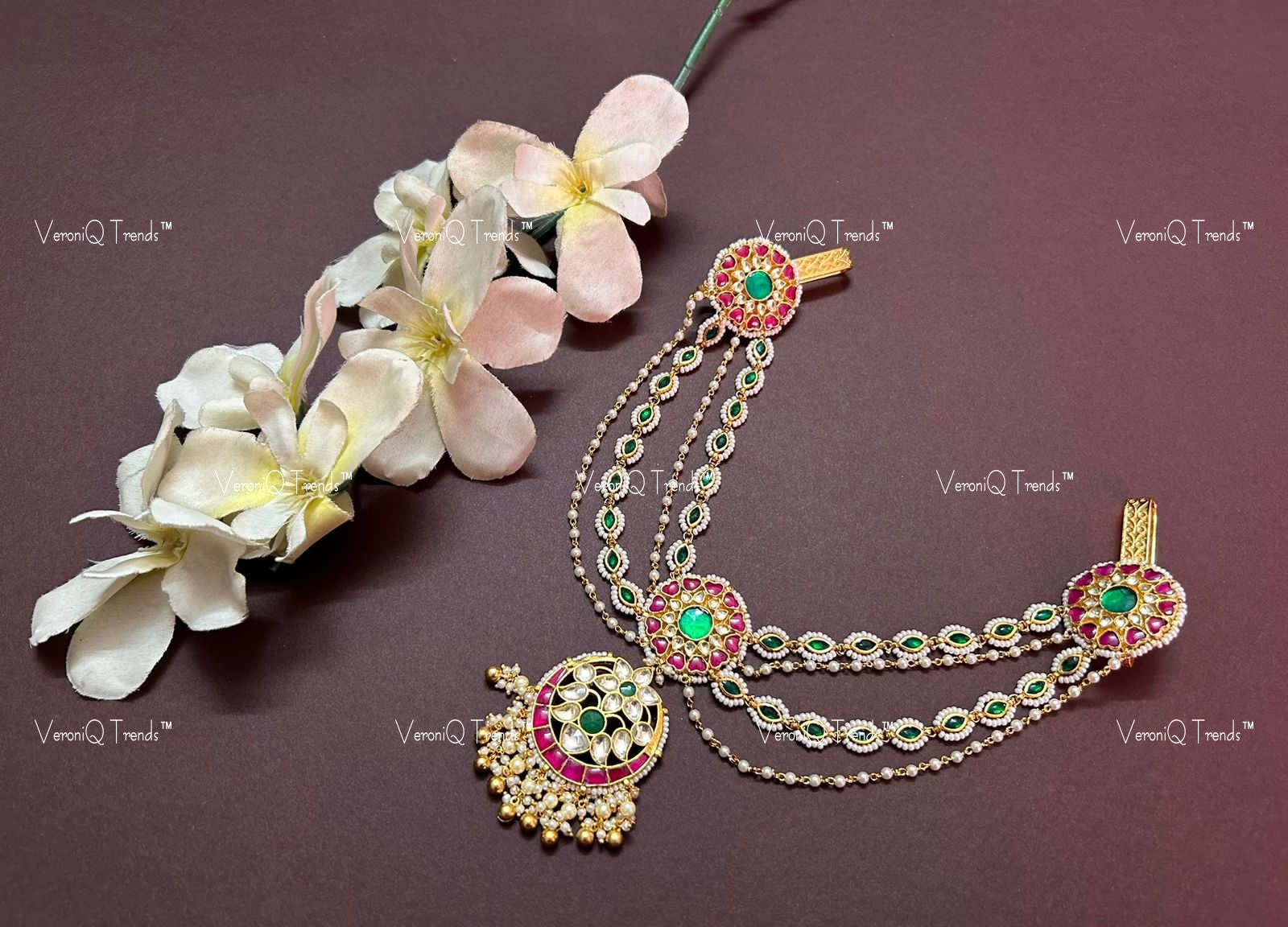 VeroniQ Trends-Kemp Stone Chandbali Gold Plated Pachi Kundan Hair Accessory Pachi Kundan-Gold Plated-Wedding Jewellery-Punjabi Jewellery-South Indian-Thappa Jewellery