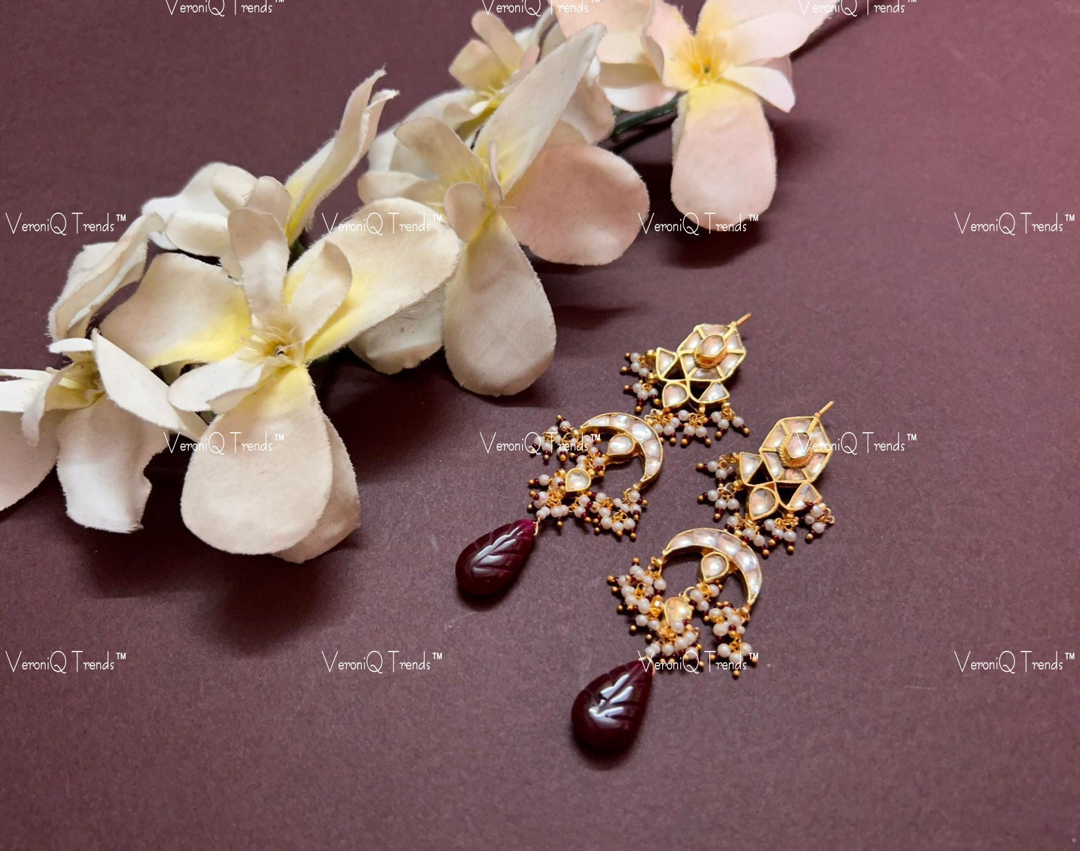 VeroniQ Trends-Chandbali With Red Bead Kundan Jadau Gold Plated Pachi Kundan Earrings Pachi Kundan-Gold Plated-Wedding Jewellery-Punjabi Jewellery-South Indian-Thappa Jewellery