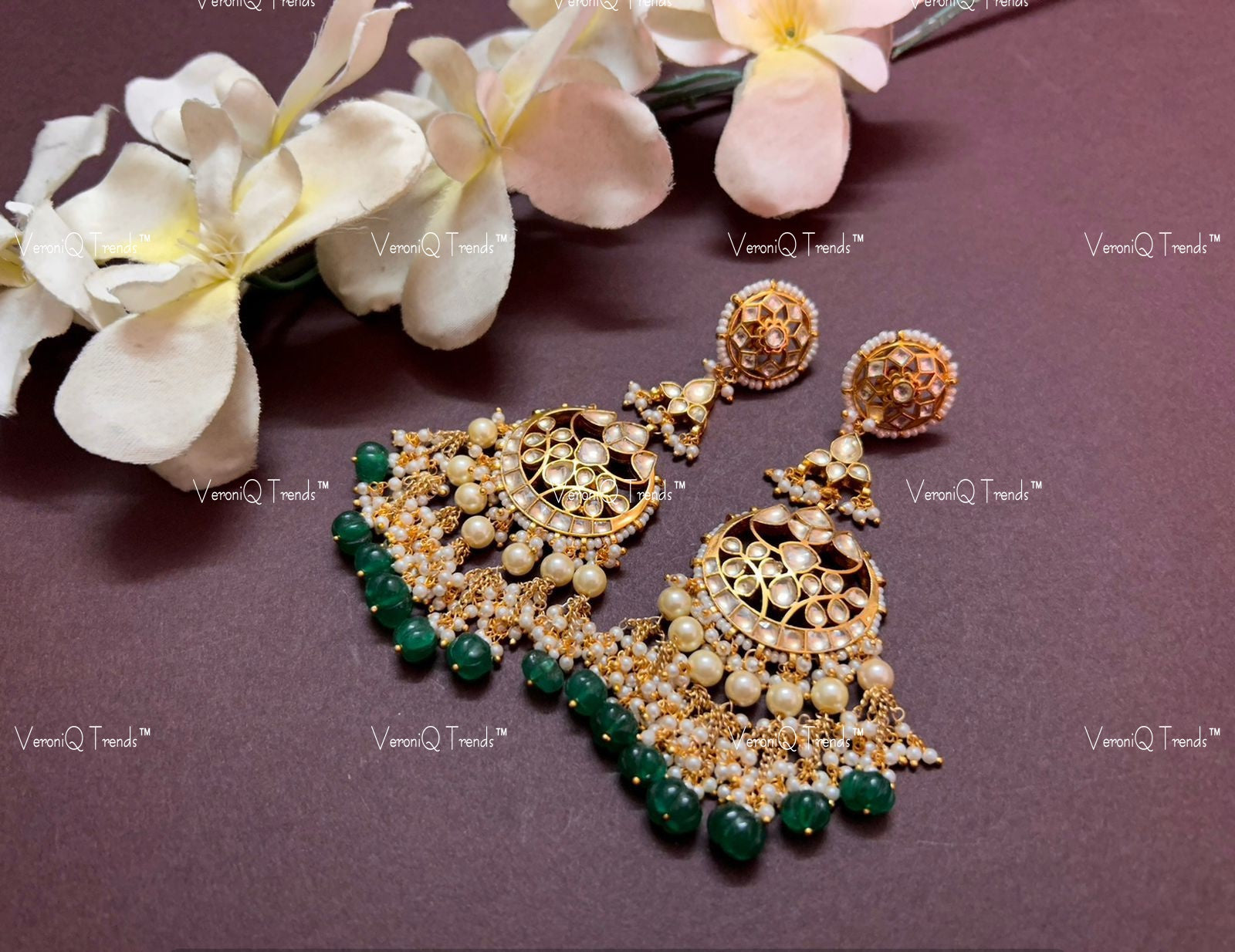 VeroniQ Trends-Gold Plated Pachi Kundan Pearl Chandbali Earrings With Green Beads Pachi Kundan-Gold Plated-Wedding Jewellery-Punjabi Jewellery-South Indian-Thappa Jewellery