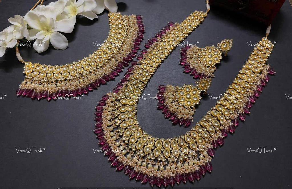 VeroniQ Trends-Bridal Gold Plated Kundan Jadau Pachi Kundan Choker And Long Necklace With Red Beads Pachi Kundan-Gold Plated-Wedding Jewellery-Punjabi Jewellery-South Indian-Thappa Jewellery