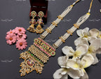 VeroniQ Trends-Elegant Multistrand Kemp Stone Gold Plated Pachi Kundan Long And Choker Necklace with Peacock Motif Pachi Kundan-Gold Plated-Wedding Jewelry-Punjabi Jewelry-South Indian-Thappa Jewelry