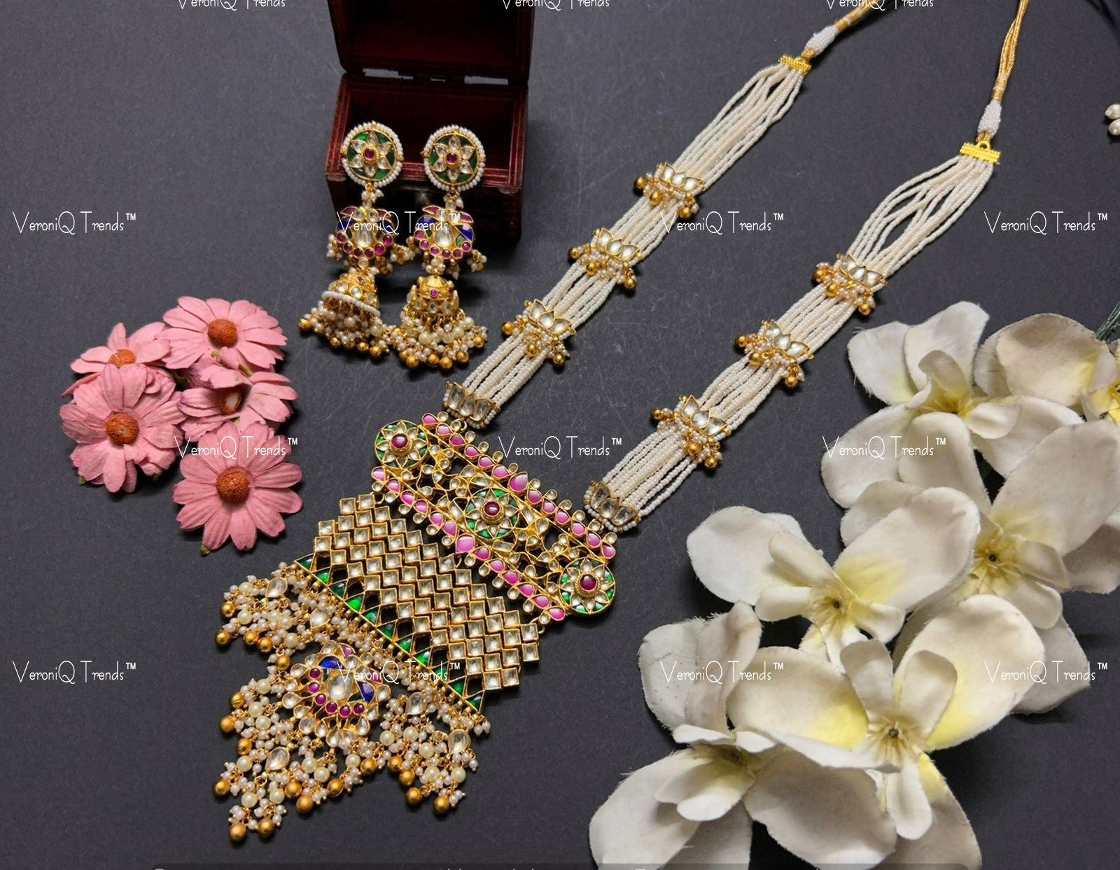 VeroniQ Trends-Elegant Multistrand Kemp Stone Gold Plated Pachi Kundan Long And Choker Necklace with Peacock Motif Pachi Kundan-Gold Plated-Wedding Jewellery-Punjabi Jewellery-South Indian-Thappa Jewellery