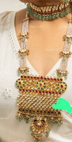 VeroniQ Trends-Elegant Multistrand Kemp Stone Gold Plated Pachi Kundan Long And Choker Necklace with Peacock Motif Pachi Kundan-Gold Plated-Wedding Jewelry-Punjabi Jewelry-South Indian-Thappa Jewelry