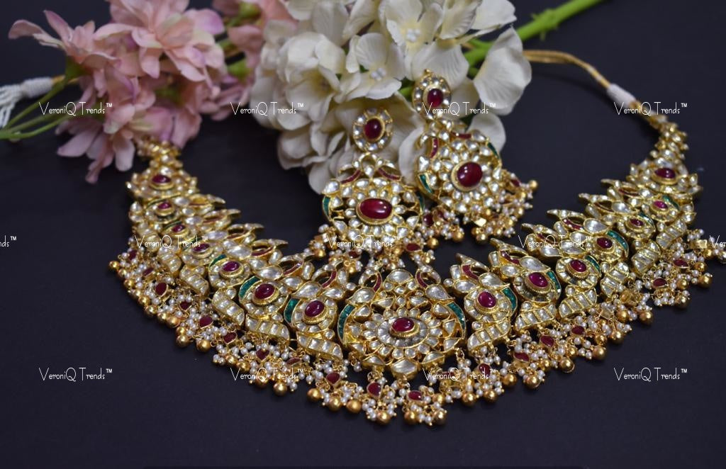 VeroniQ Trends-Peacock Design Kemp Stone Gold Plated Pachi Kundan Choker Necklace Pachi Kundan-Gold Plated-Wedding Jewellery-Punjabi Jewellery-South Indian-Thappa Jewellery