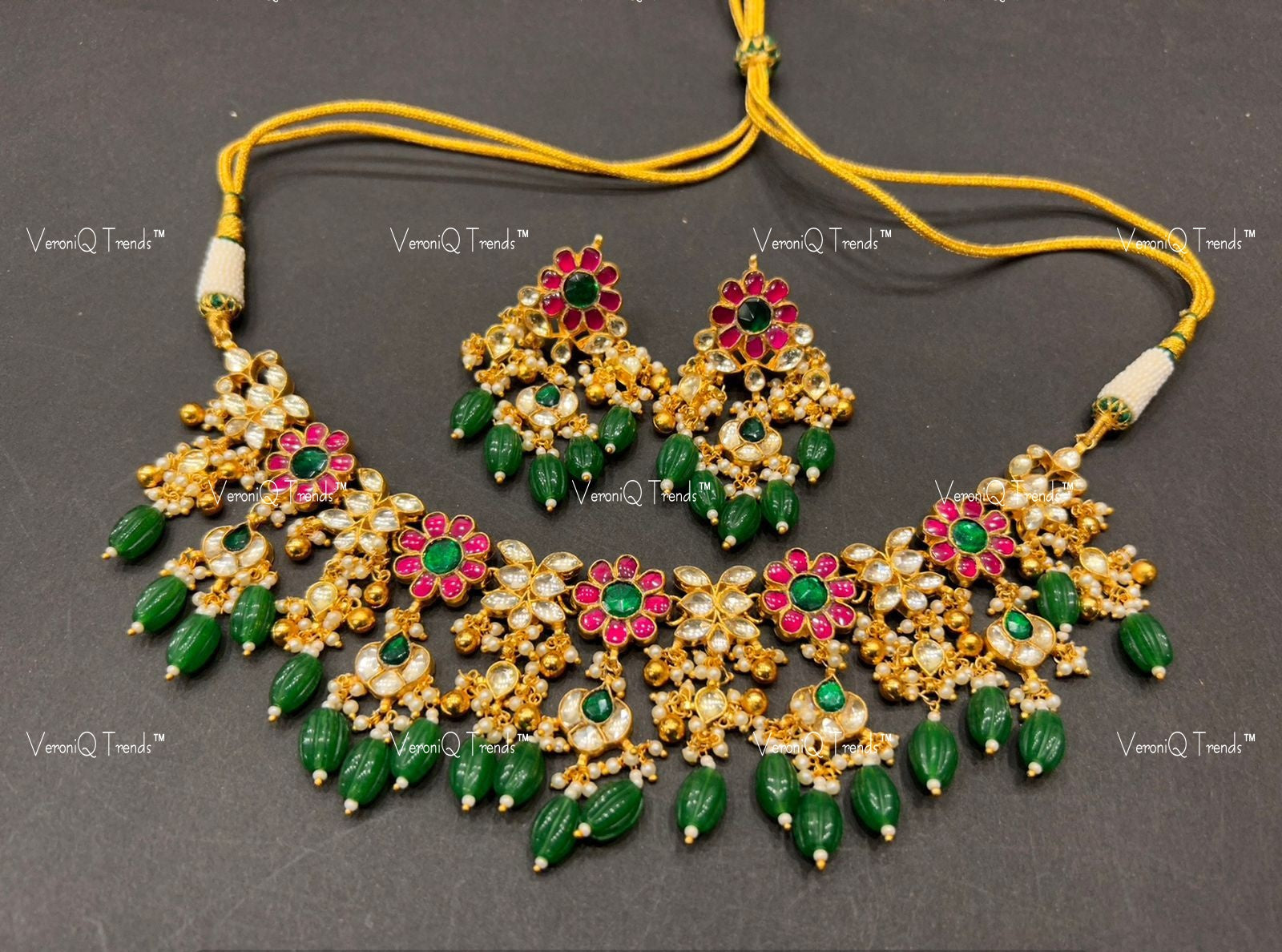 VeroniQ Trends-Floral Kemp Stone Gold Plated Pachi Kundan Choker Necklace Pachi Kundan-Gold Plated-Wedding Jewellery-Punjabi Jewellery-South Indian-Thappa Jewellery